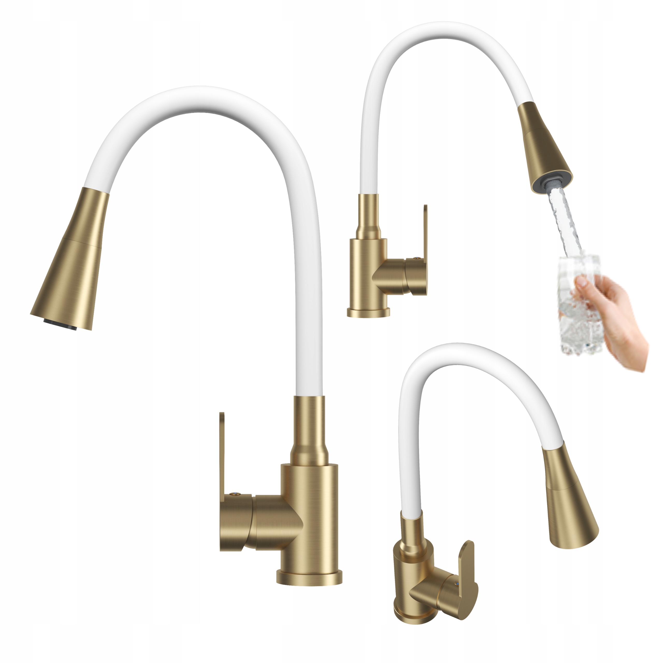 Kuchyňská baterie Flexo bílá brushed gold flexibilní ramínko stojící kohoutek