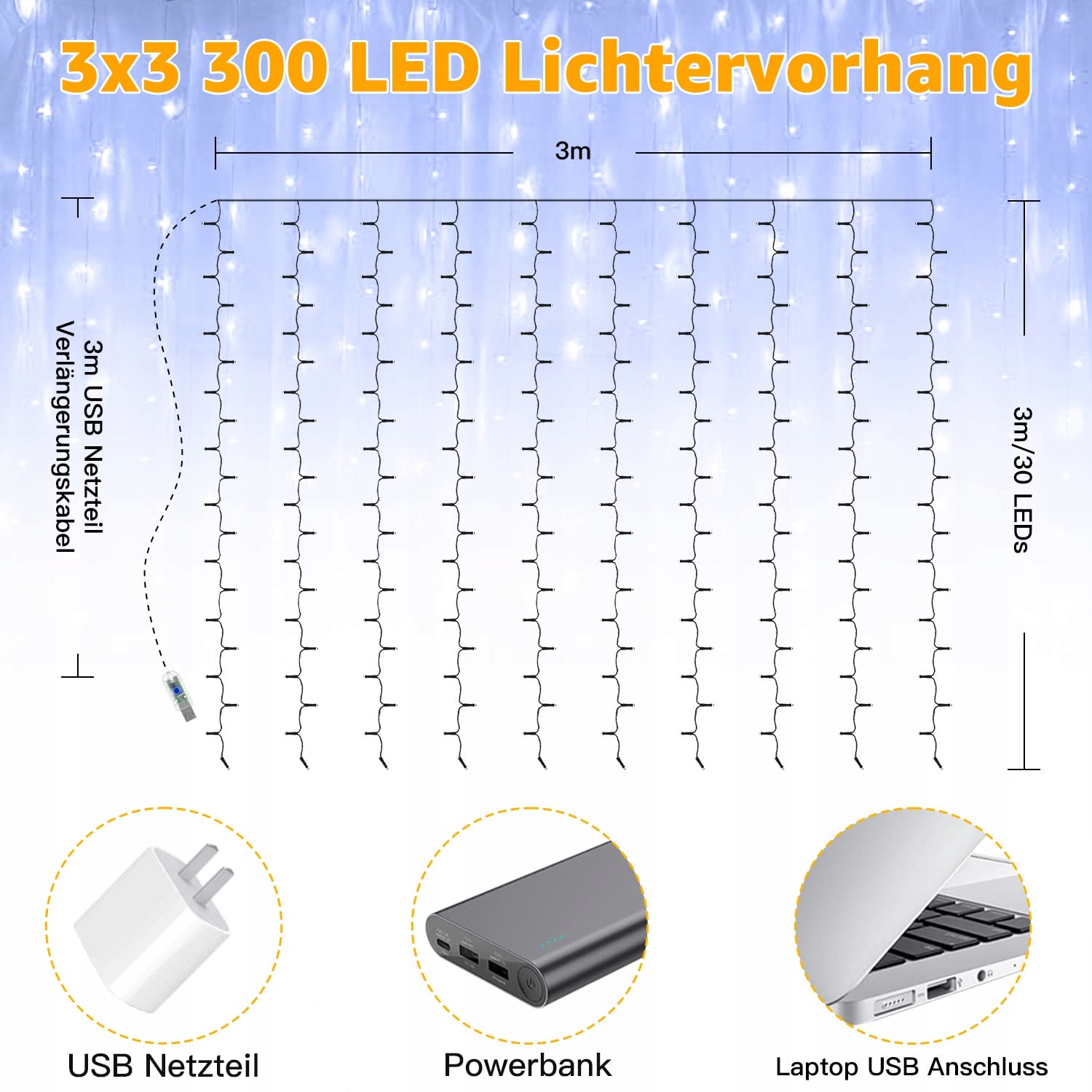 OLLNY GIRLANDA KURTYNA ZASŁONA ŚWIETLNA LAMPKI 3x3M 300 LED USB — miniatura 5