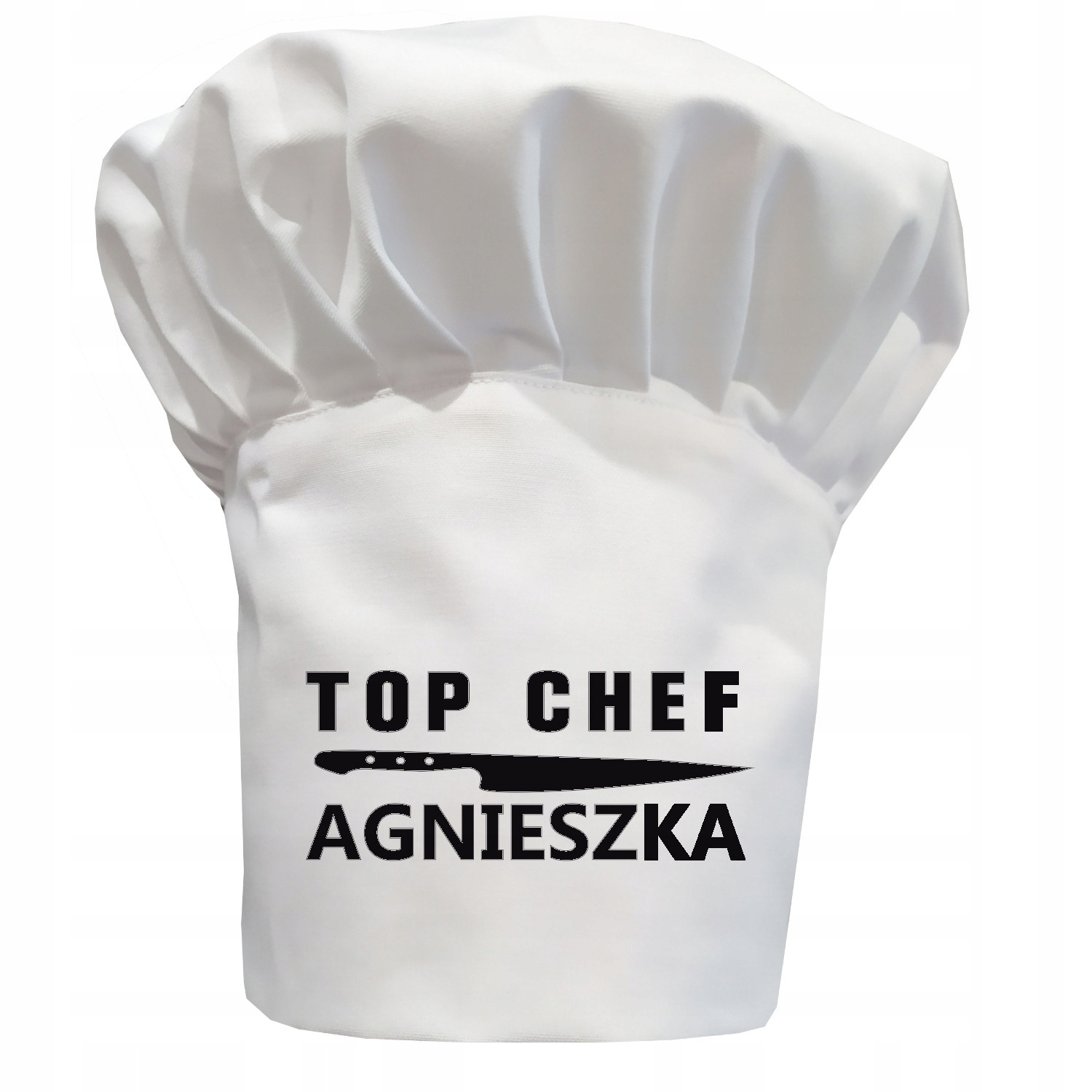

Czapka kucharska wysoka biała twój napis wzór 13