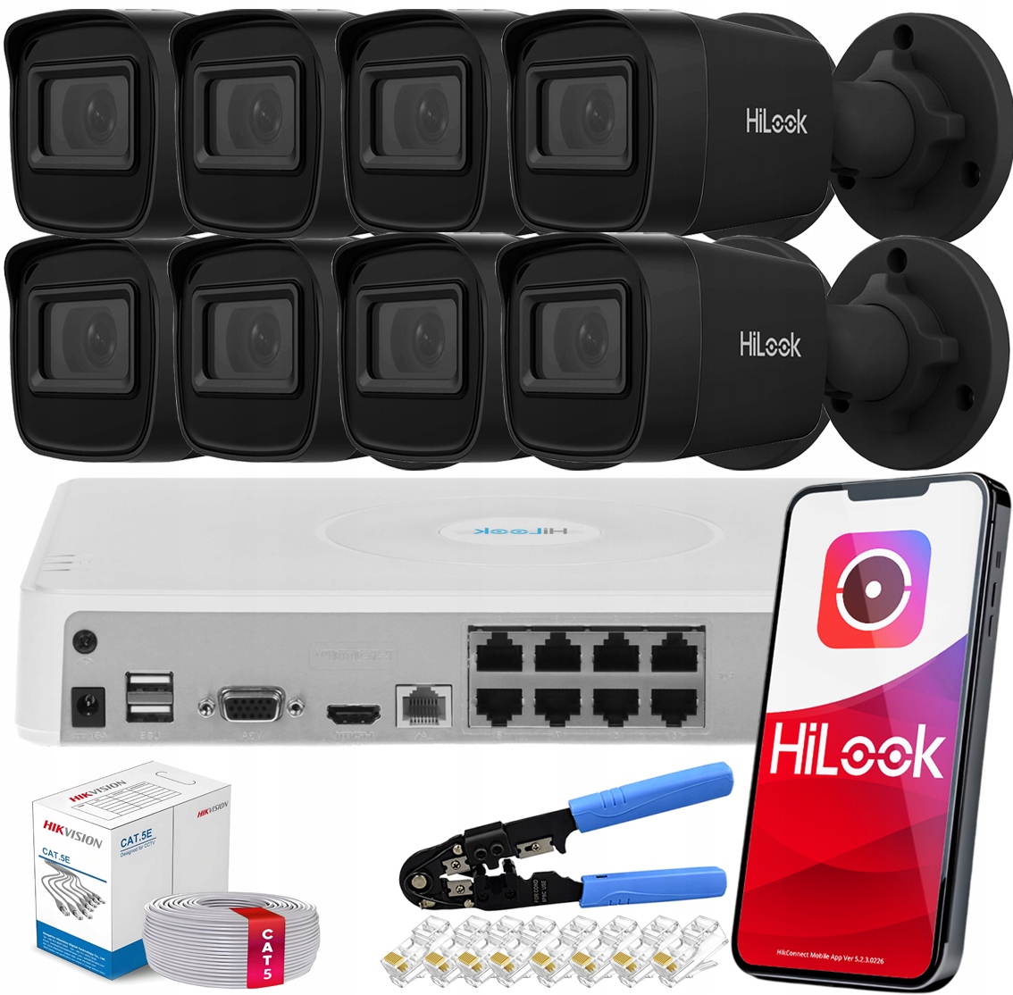 Sada monitorování Ip PoE 8 černých 4MPx venkovních kamer Hilook Hikvision