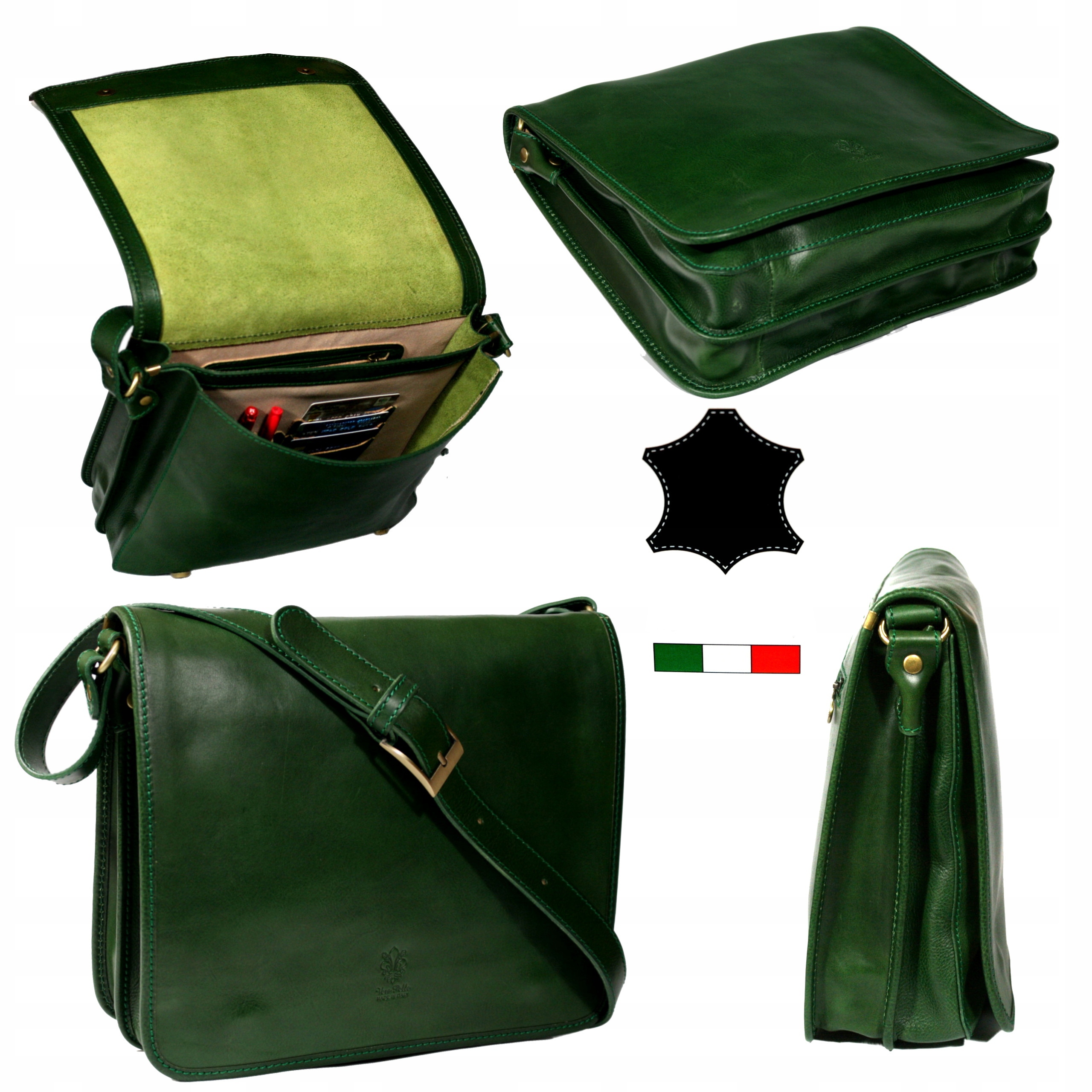 Pánská kožená taška přes rameno italská velká zelená italská dvě komory