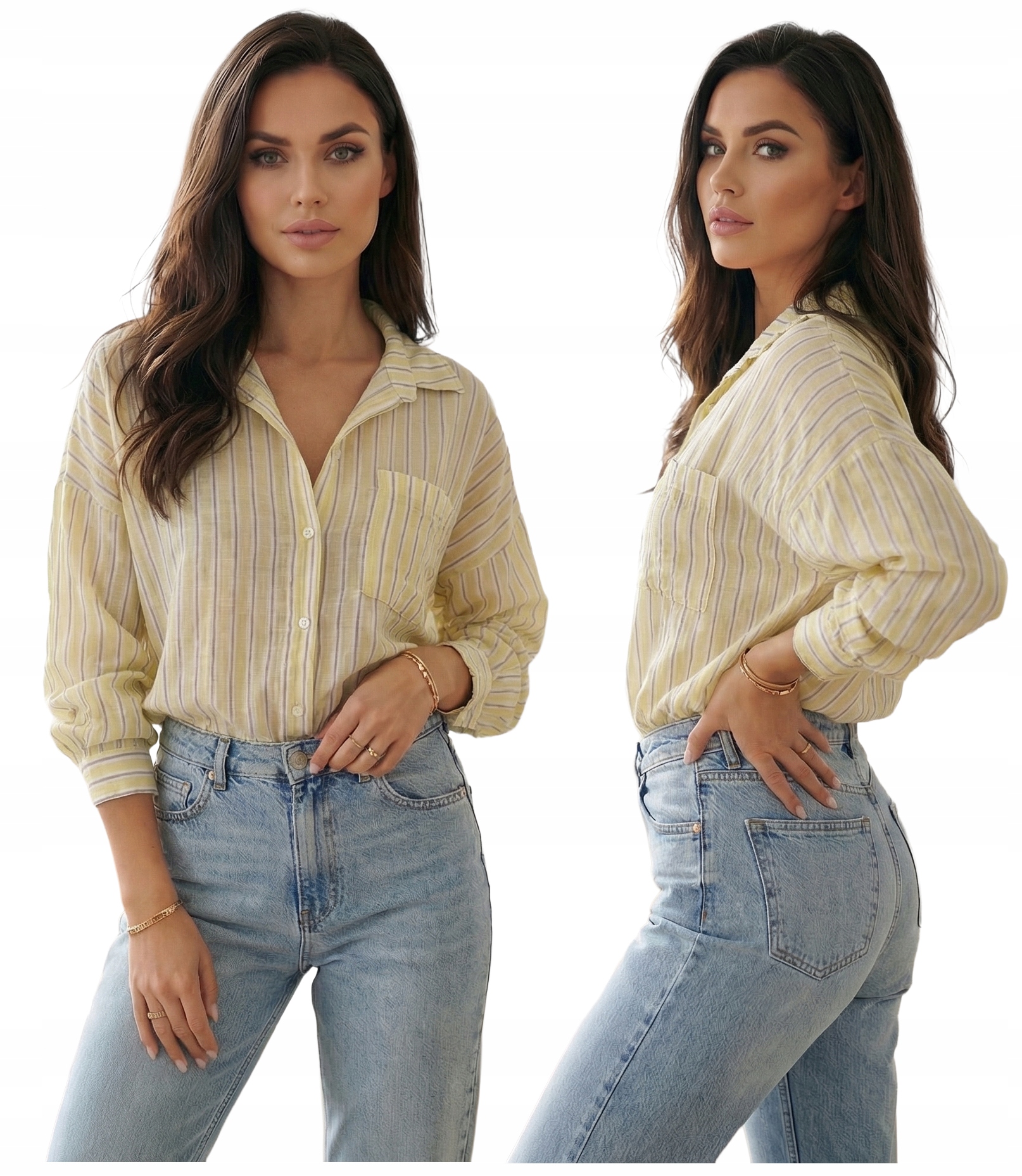 Dámská košile Žlutá s pruhy Mlha Lyocell Lehká Elegantní Oversize