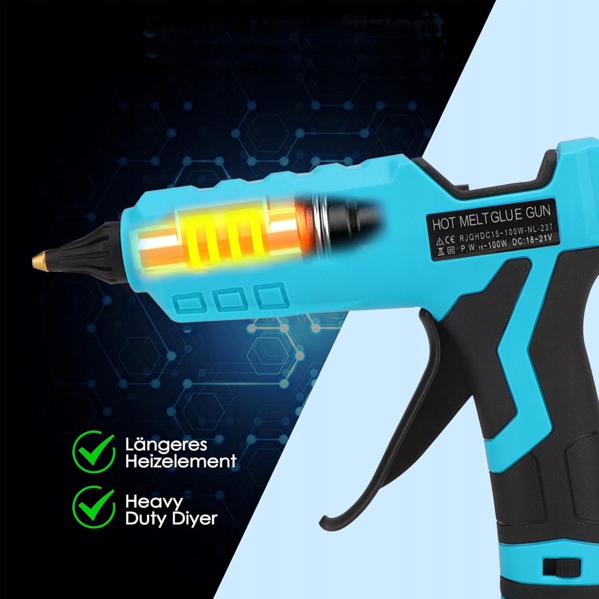 18V Pistolet do kleju Dedra 100W 200 °C z sztyftami kleju 20 x 11 mm Średnica wkładu (mm) 11