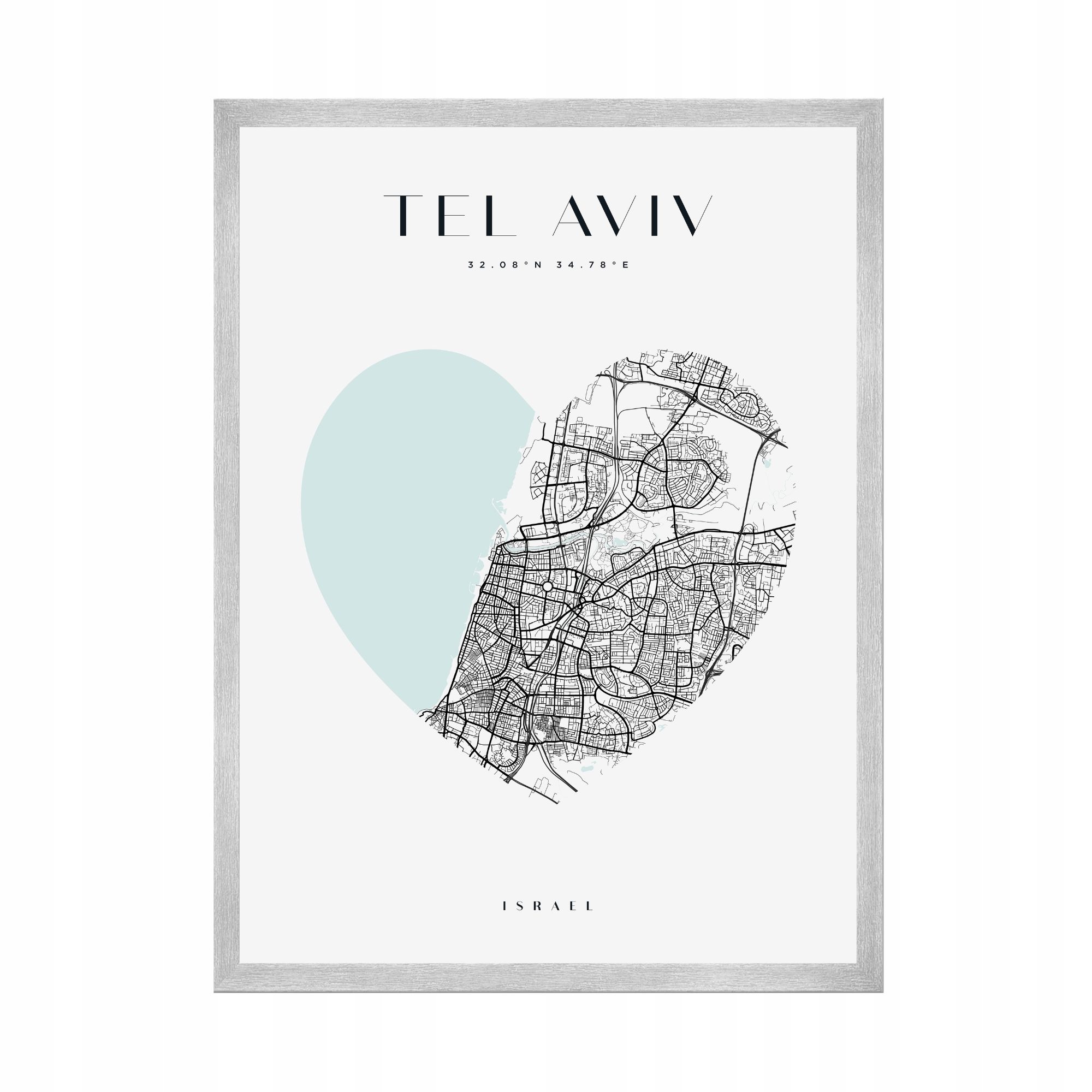 Plakát Mapa města Tel Aviv Izrael Asie srdce 50 x 70 cm rámeček stříbrný