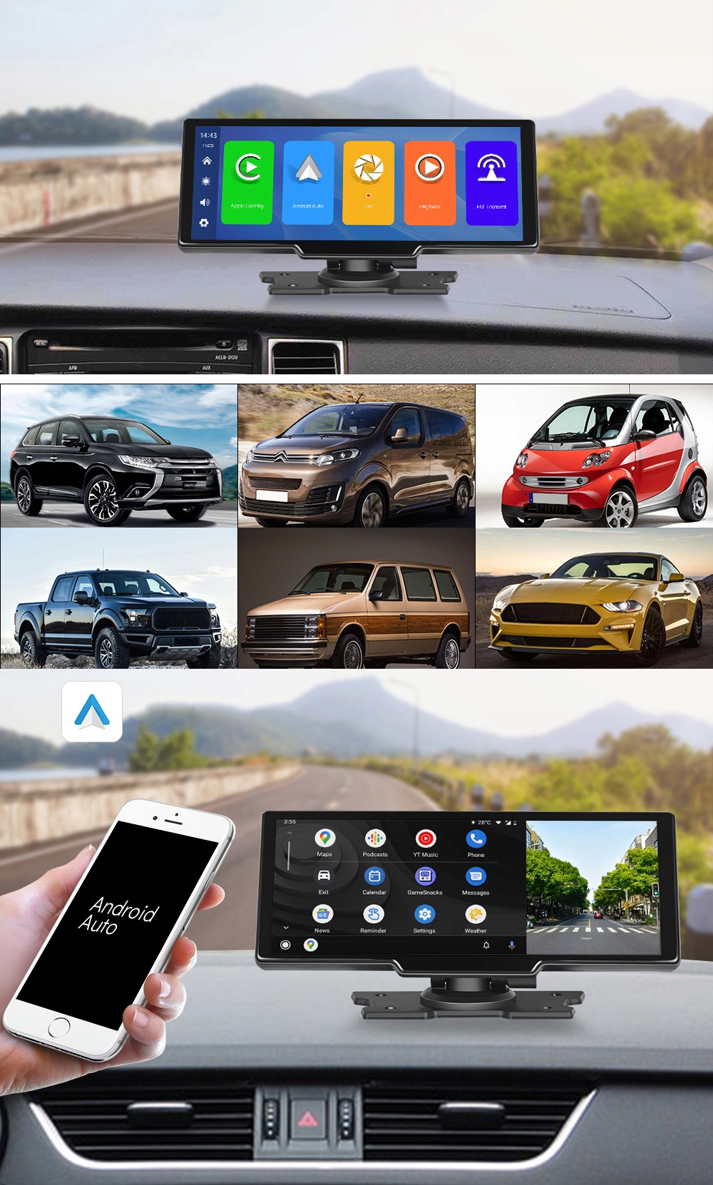 AUTÓS MONITOR RÁDIÓ ANDROID AUTO CARPLAY NAVIGÁCIÓ USB WIFI BLUETOOTH Termékmagasság 9.7 cm