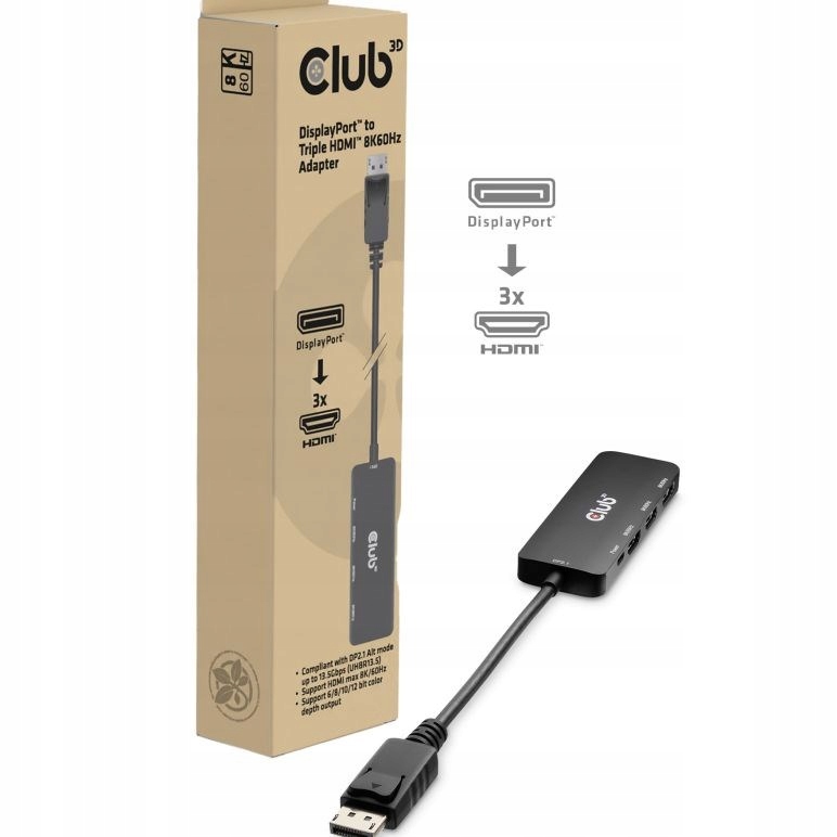 Club3D hub Mst (Multi Stream Transport) DisplayPort 1.4 na 3x Hdmi 8K60Hz