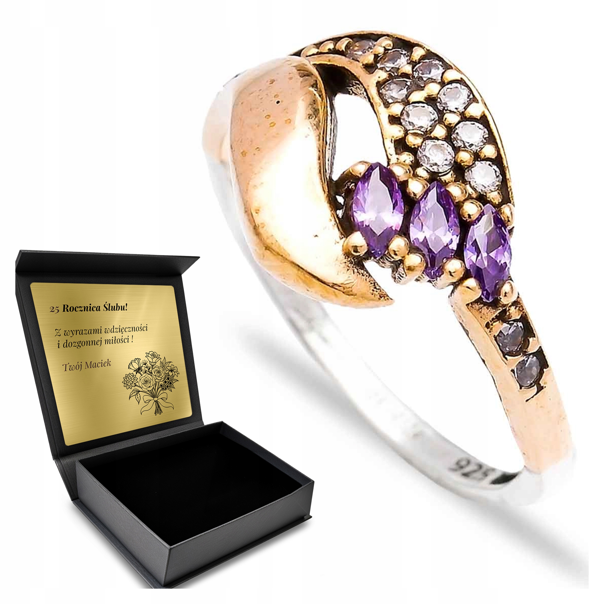 Prstýnek 925 Zirkony Ametyst Dárek na Valentýna Gravírování