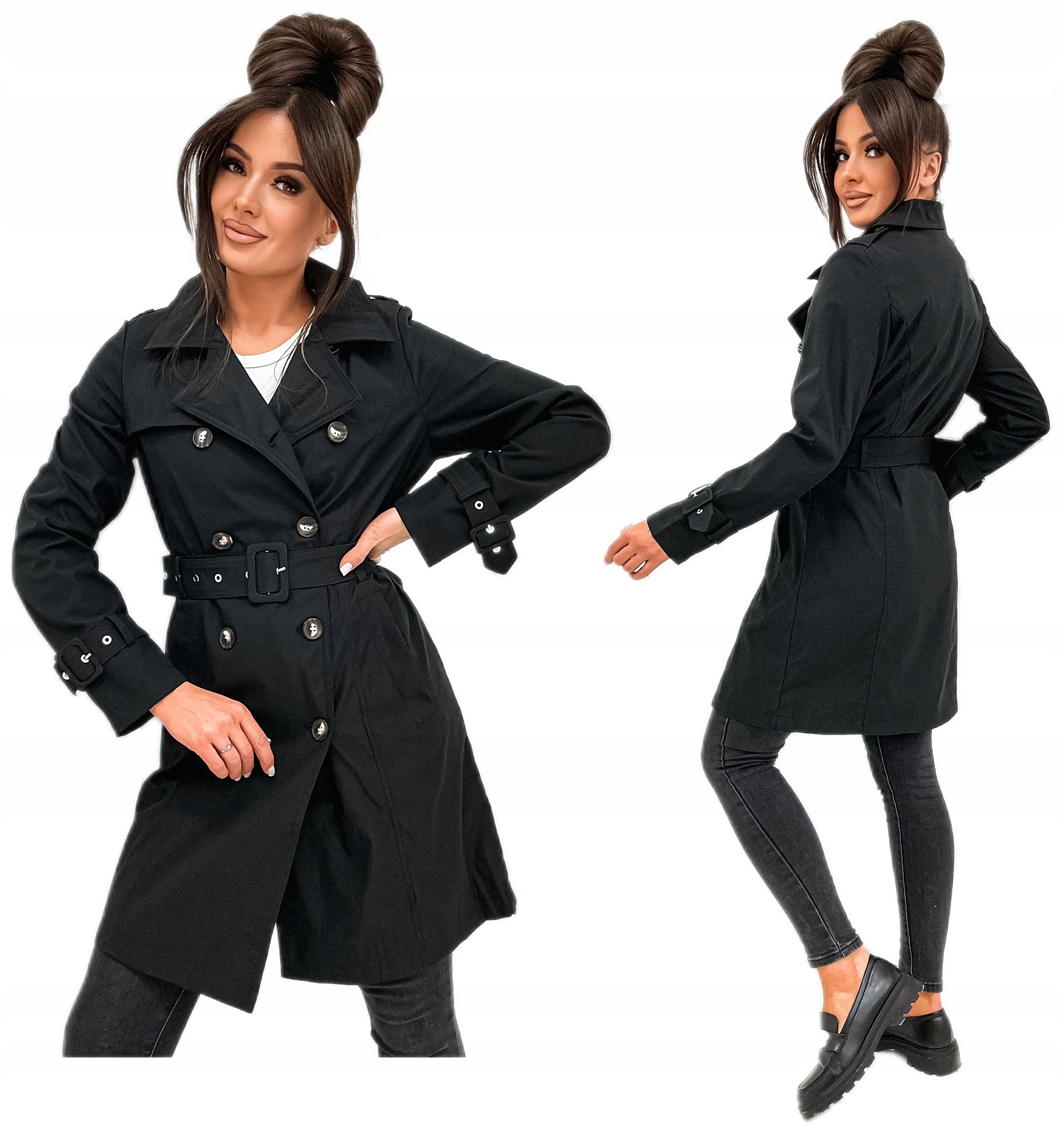 Płaszcz wiosenny damski Trencz z paskiem Czarny 416 roz M