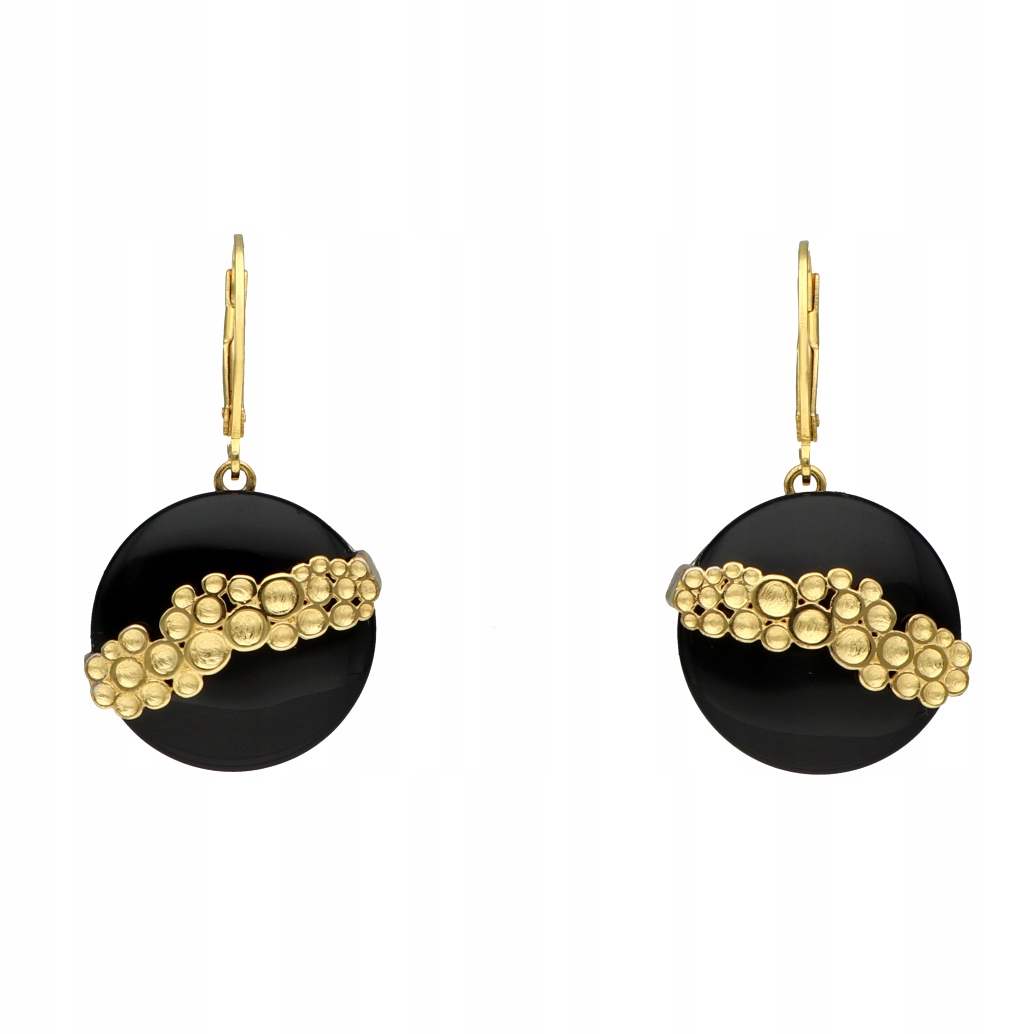 Stříbrné náušnice s onyxem, kulaté, pozlacené