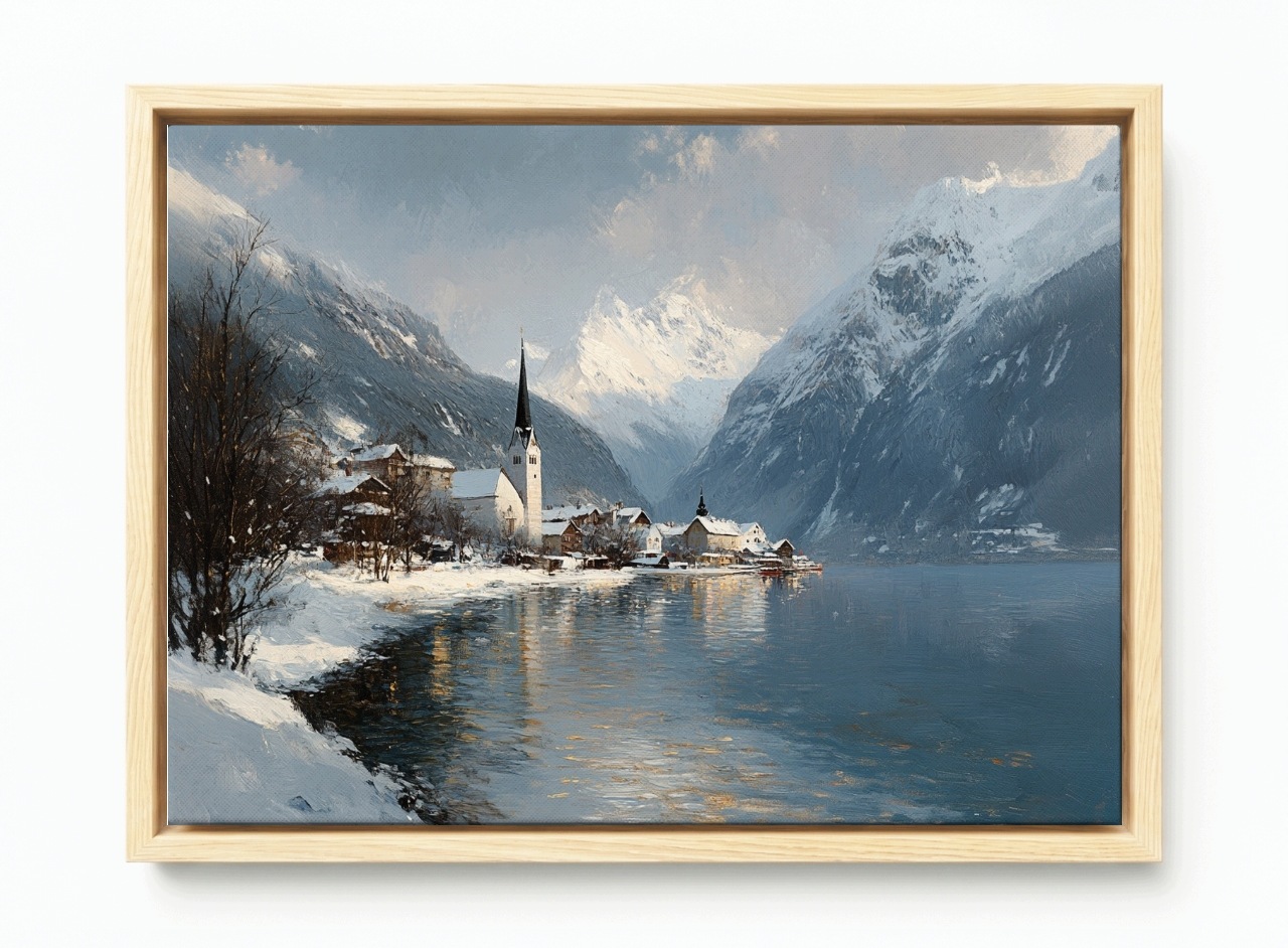 Obraz Rám Americký Box Zima Rakousko Hallstatt Městečko Jezero 60x40