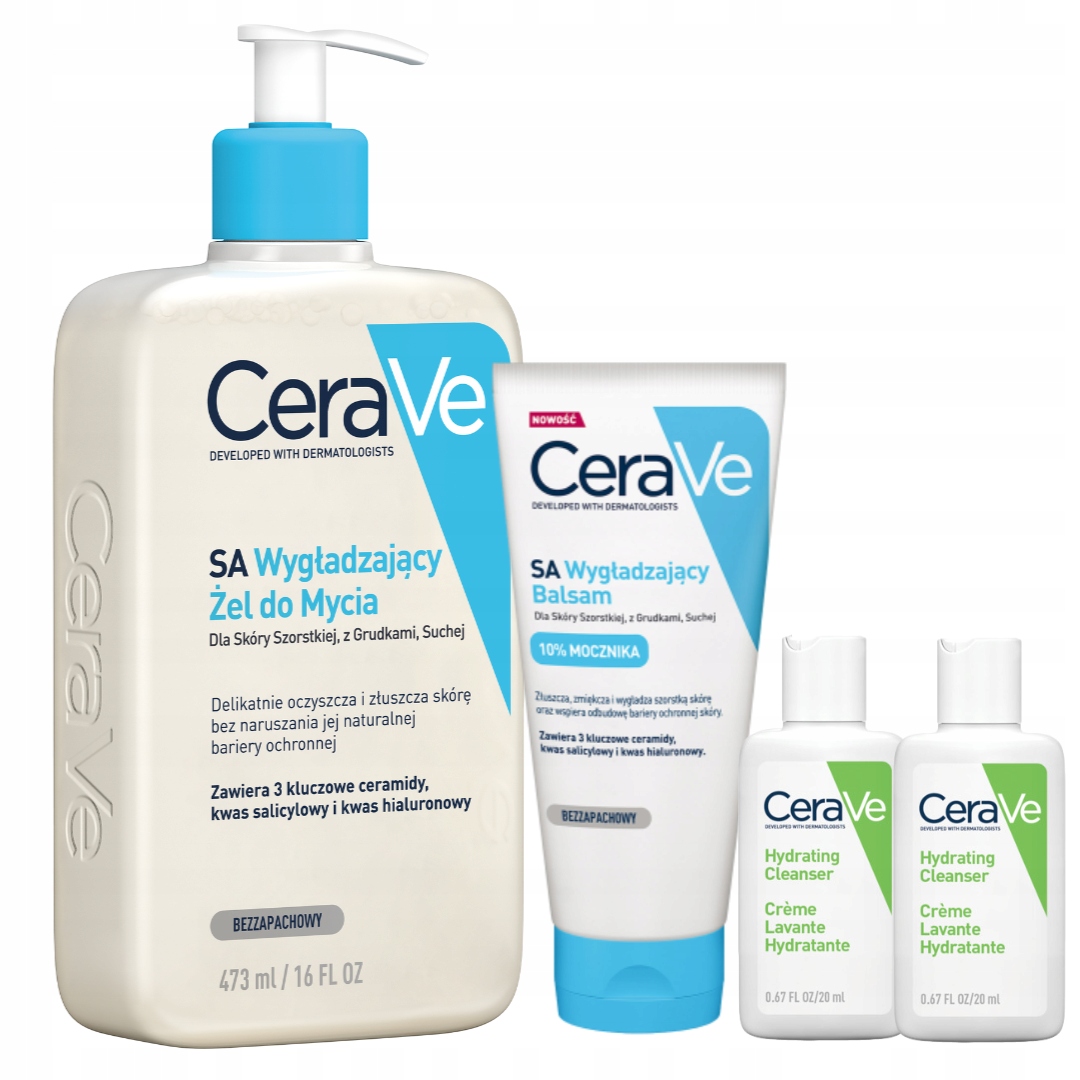 CeraVe Zestaw Wygładzający Sa Żel do Mycia 473ml, Balsam Skóra Szorska 177g