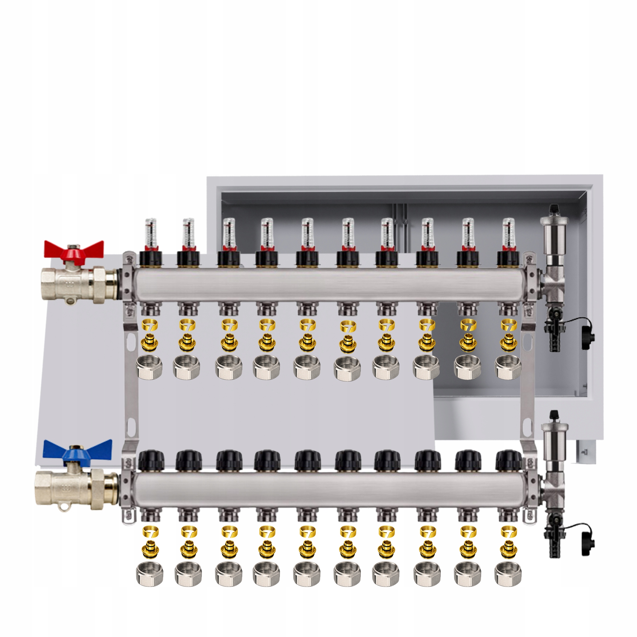 Nerezový rozdělovač pro podlahovku 10 okruhů podomítková skříňka Pex