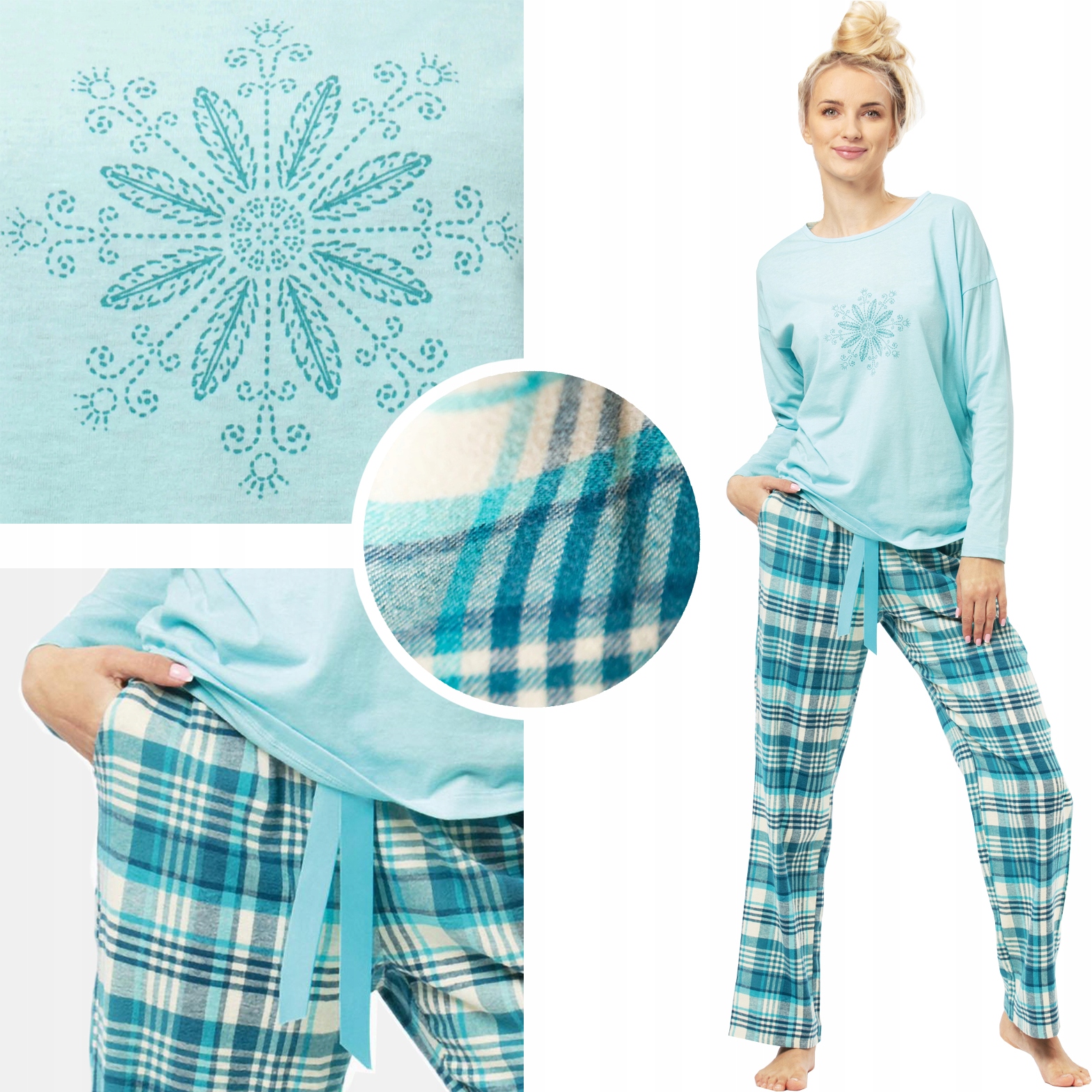 Key dámské pyžamo s dlouhým rukávem Flanelové kalhoty Lns tyrkysové vel
