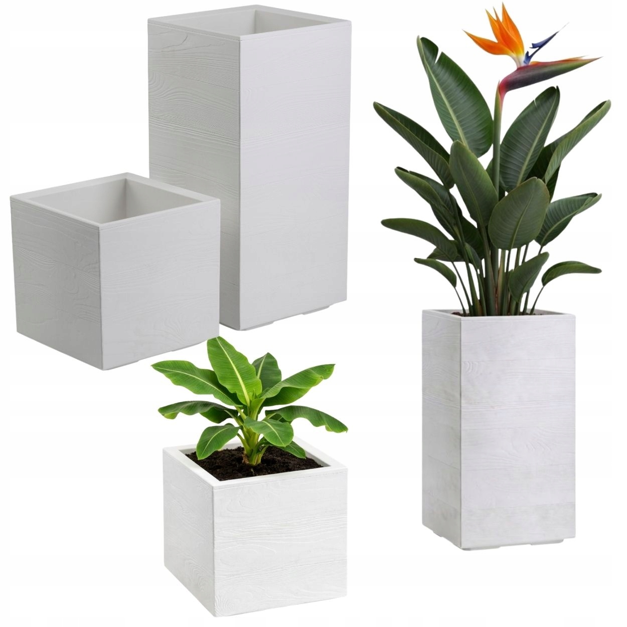 Sada Kvetináčov Na Kolieskach Slim štvorcový loft drevený stĺpik biely