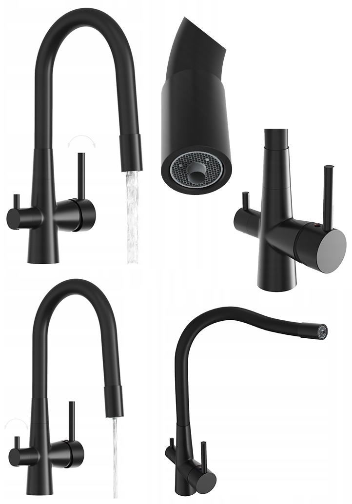 Trojcestná kuchynská batéria, flexibilný kohútik na vodný filter Fluo, čierna