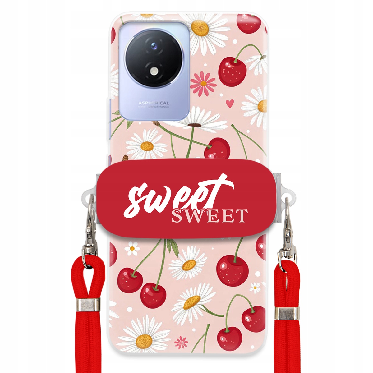 Puzdro pre Vivo Y02 Červené vodítko Crossbody držiak Sweet Sweet Kvet čerešne