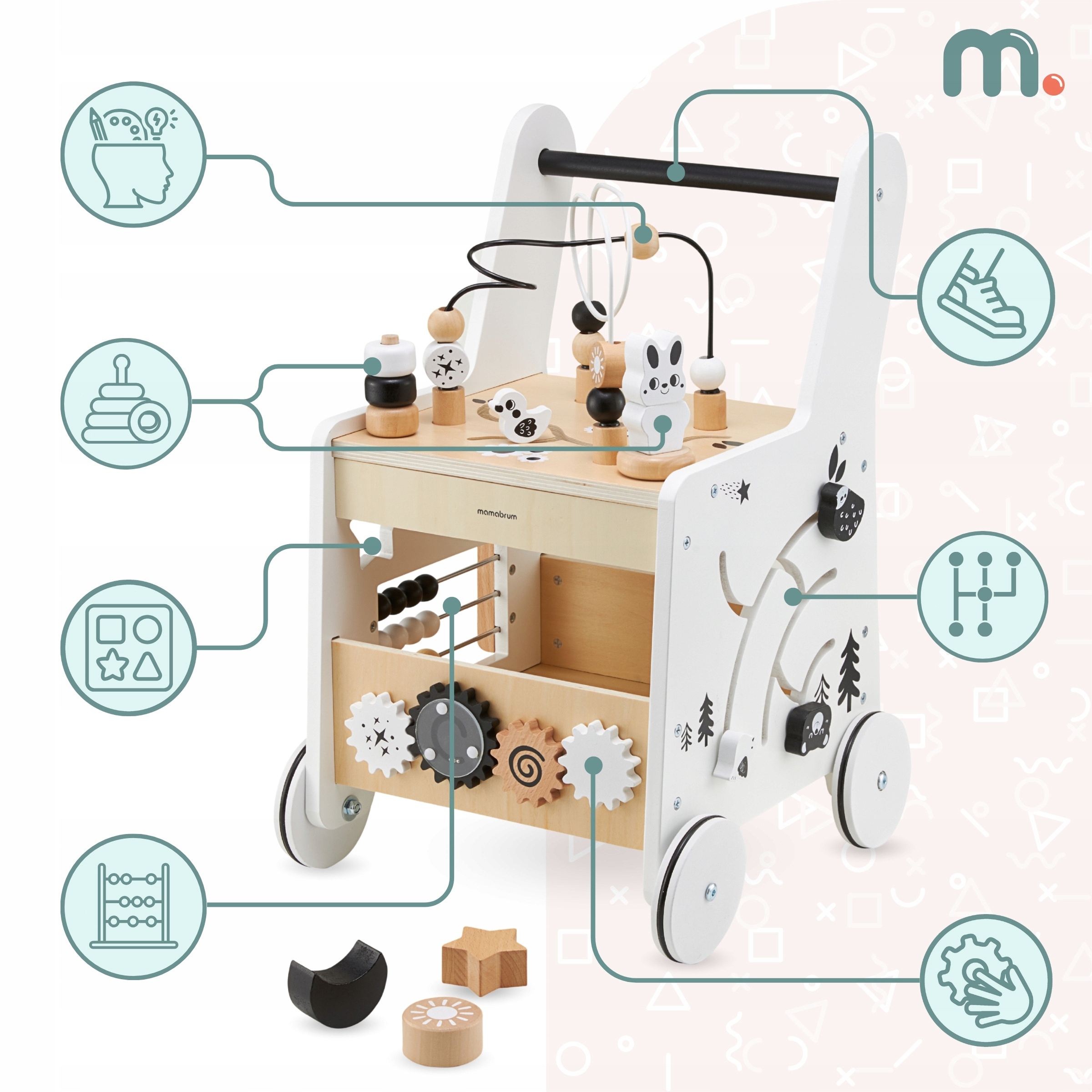 6in1 medinis vaikštynė su edukacinio stalo funkcija, prekės ženklas Mamabrum