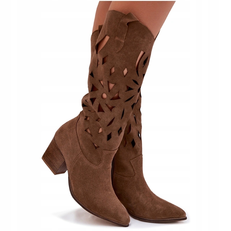 Ažurové Semišové Kozačky Na Podpatku Dámské Jarní Zazoo 3167 Tmavě Béžová 37