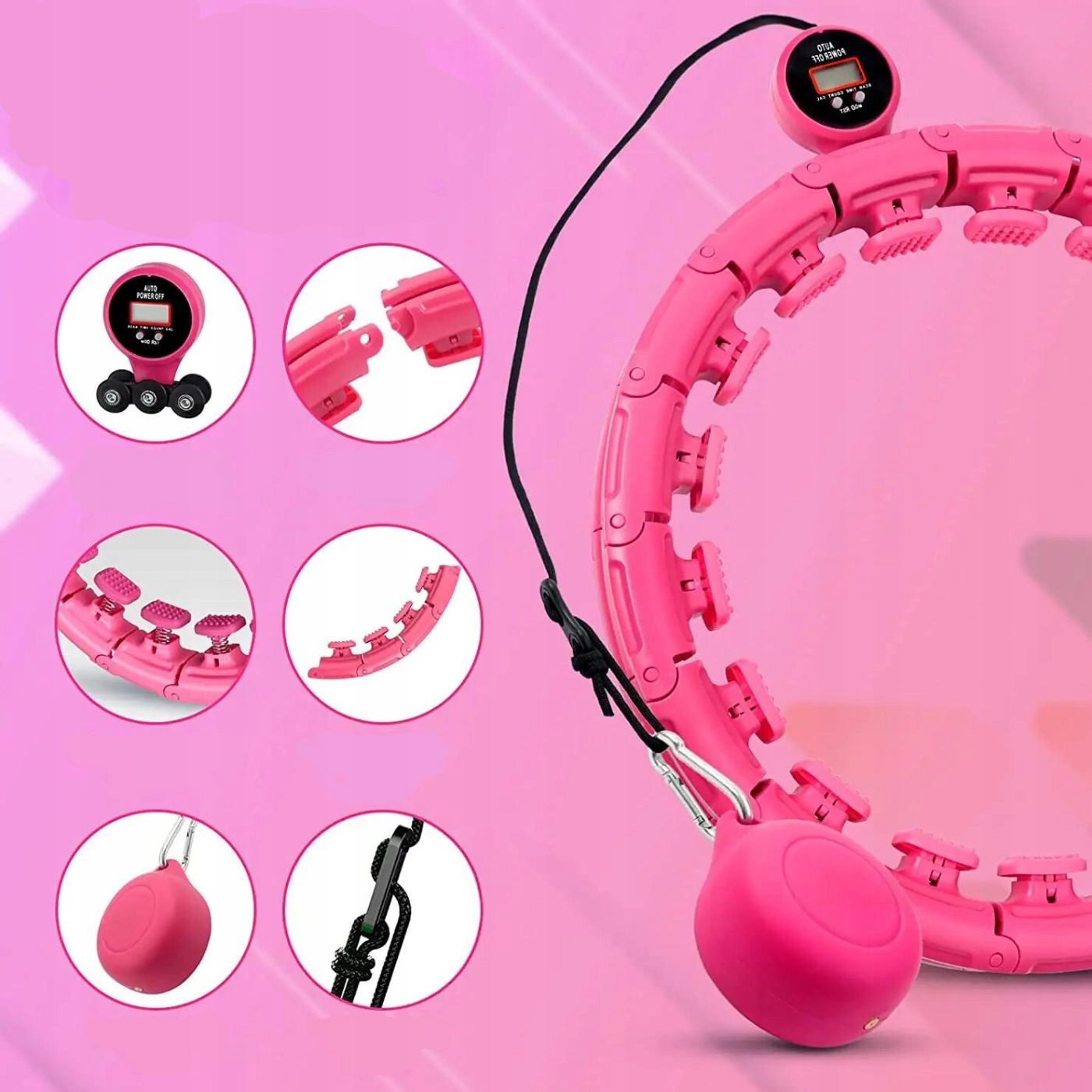HULA HOP Z OBCIĄŻENIEM I LICZNIKIEM DO ĆWICZEŃ SMART Z WYPUSTKAMI PLUS SIZE Kolor dominujący róże i fiolety