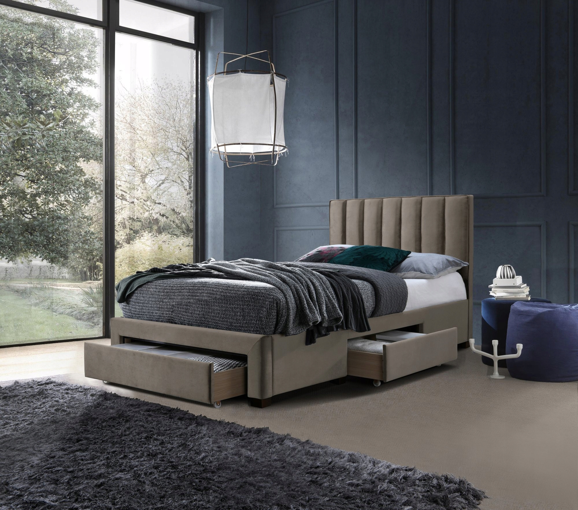 Łóżko Tapicerowane Grace 120x200 Beżowe Velvet Z Szufladami Halmar