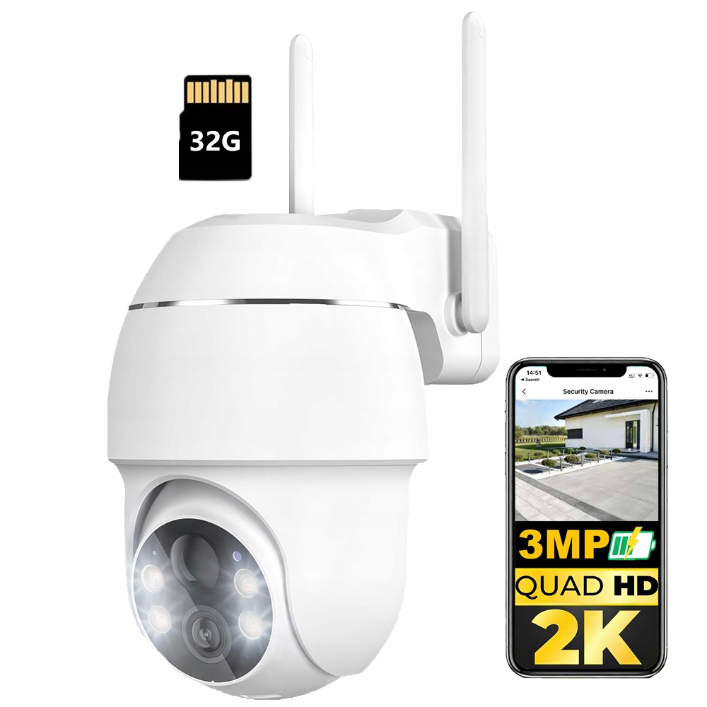 Venkovní otočná WiFi kamera s možností nabíjení 2K 3MPx Z 32GB