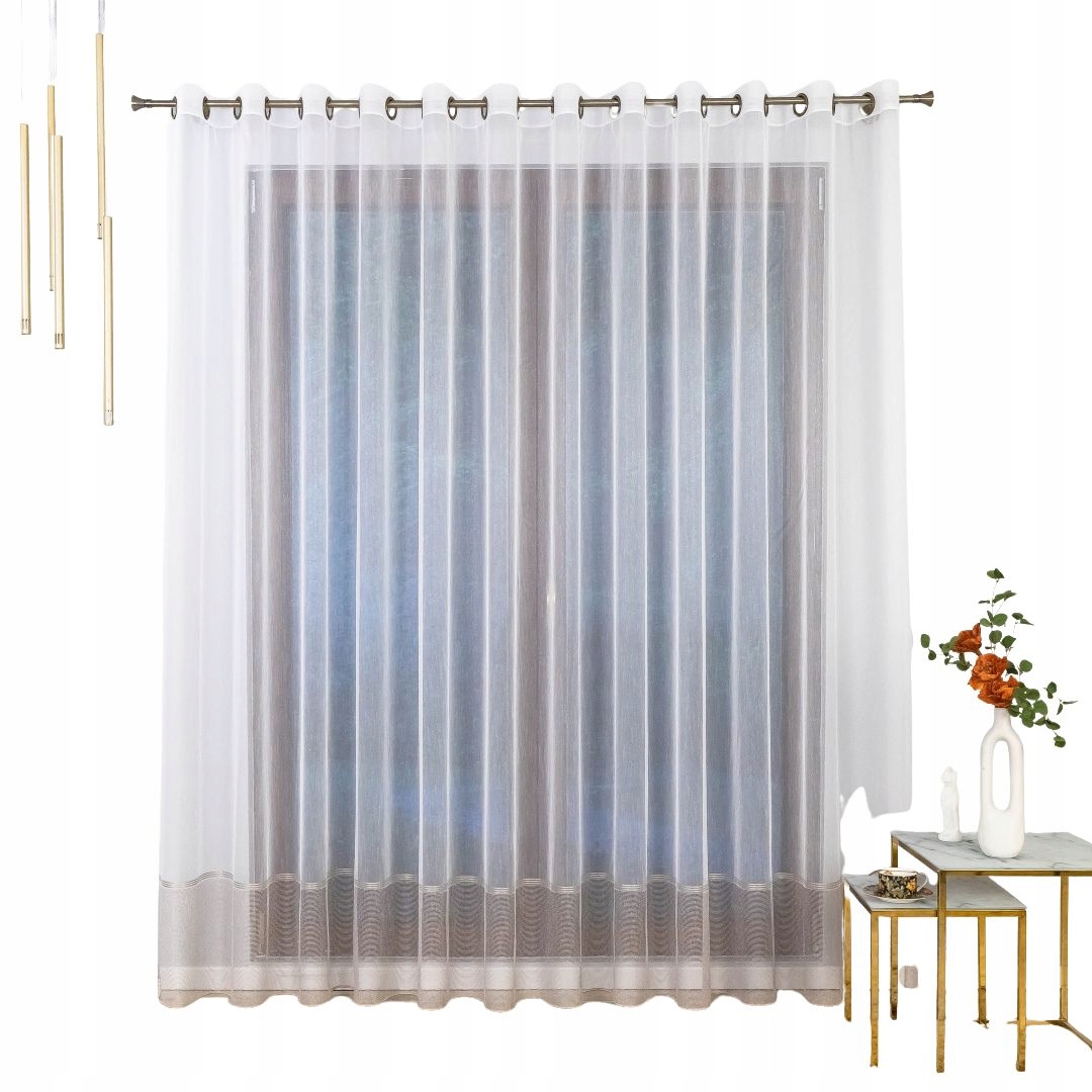 Markýzová záclona 600 x 245 cm s béžovým pruhem – oka – ušita v Polsku.