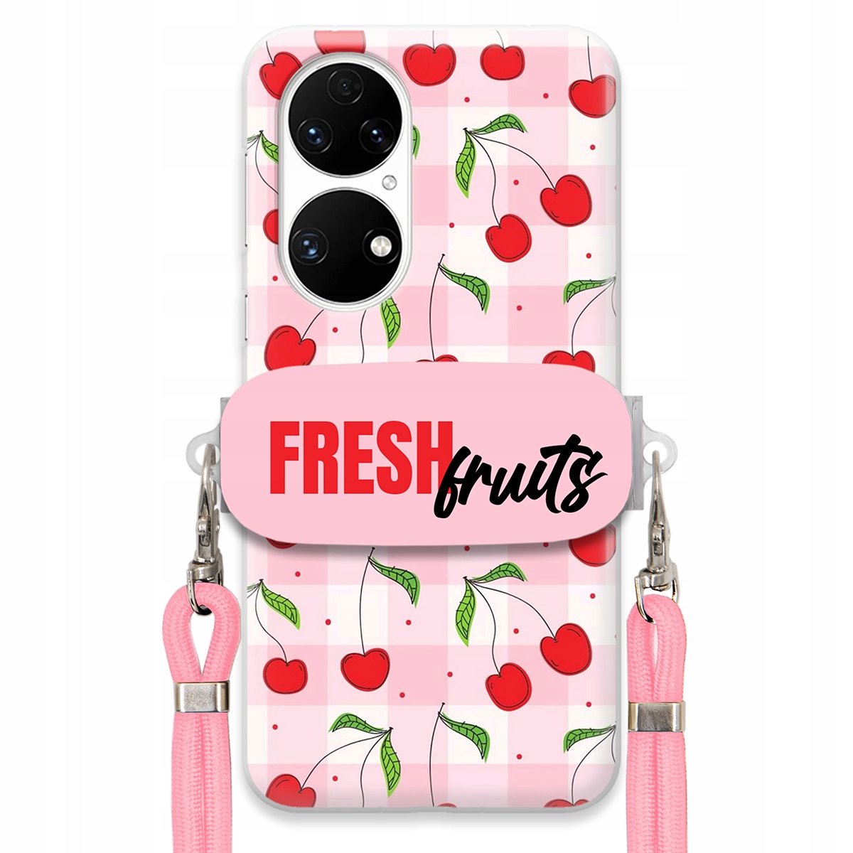 Puzdro pre Huawei P50 Case Držiak na šnúrku Ružový Fresh Fruits Mriežka Ovocie