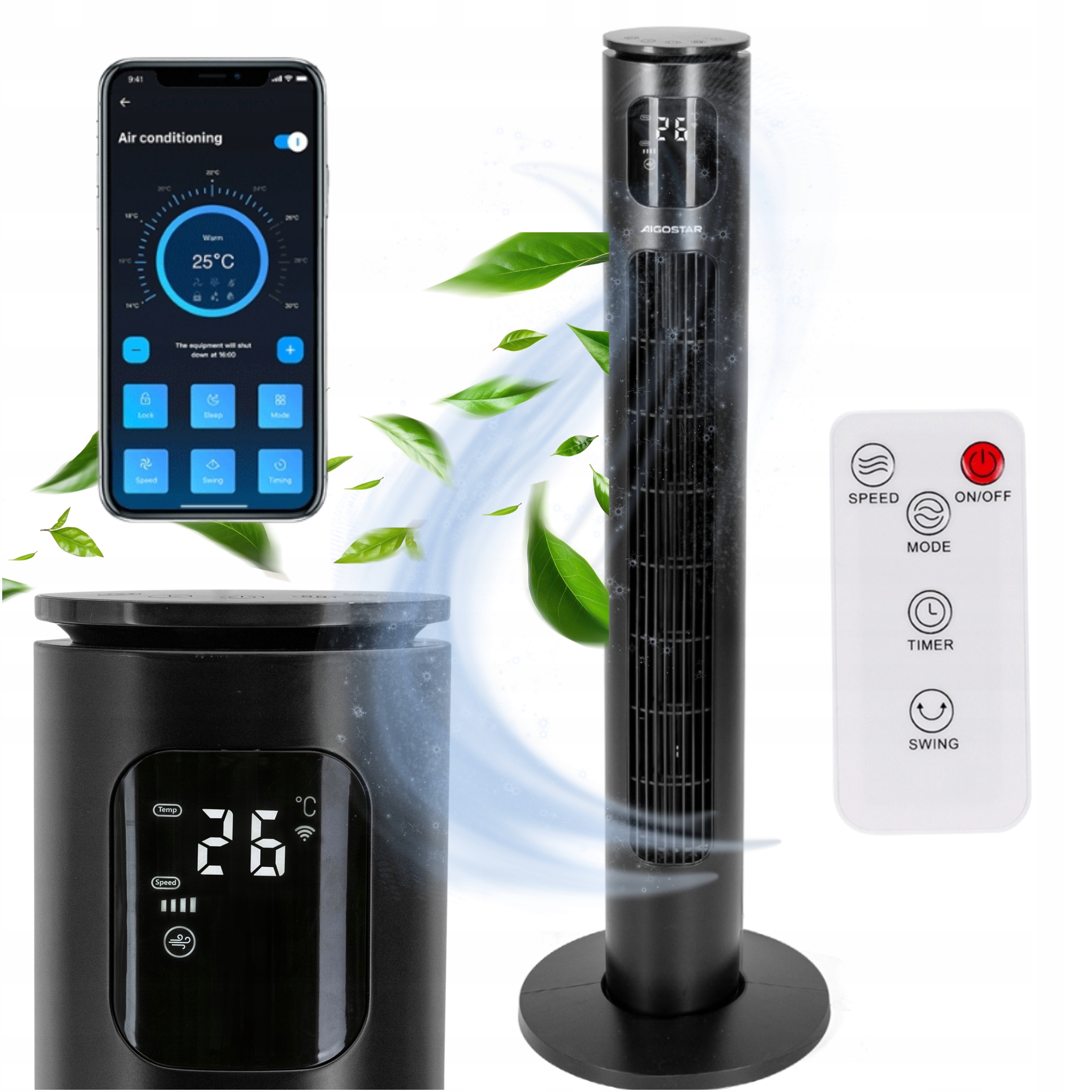 Wentylator Kolumnowy Aigostar Wieżowy Inteligentny Czarny Wi-fi 3 Tryby