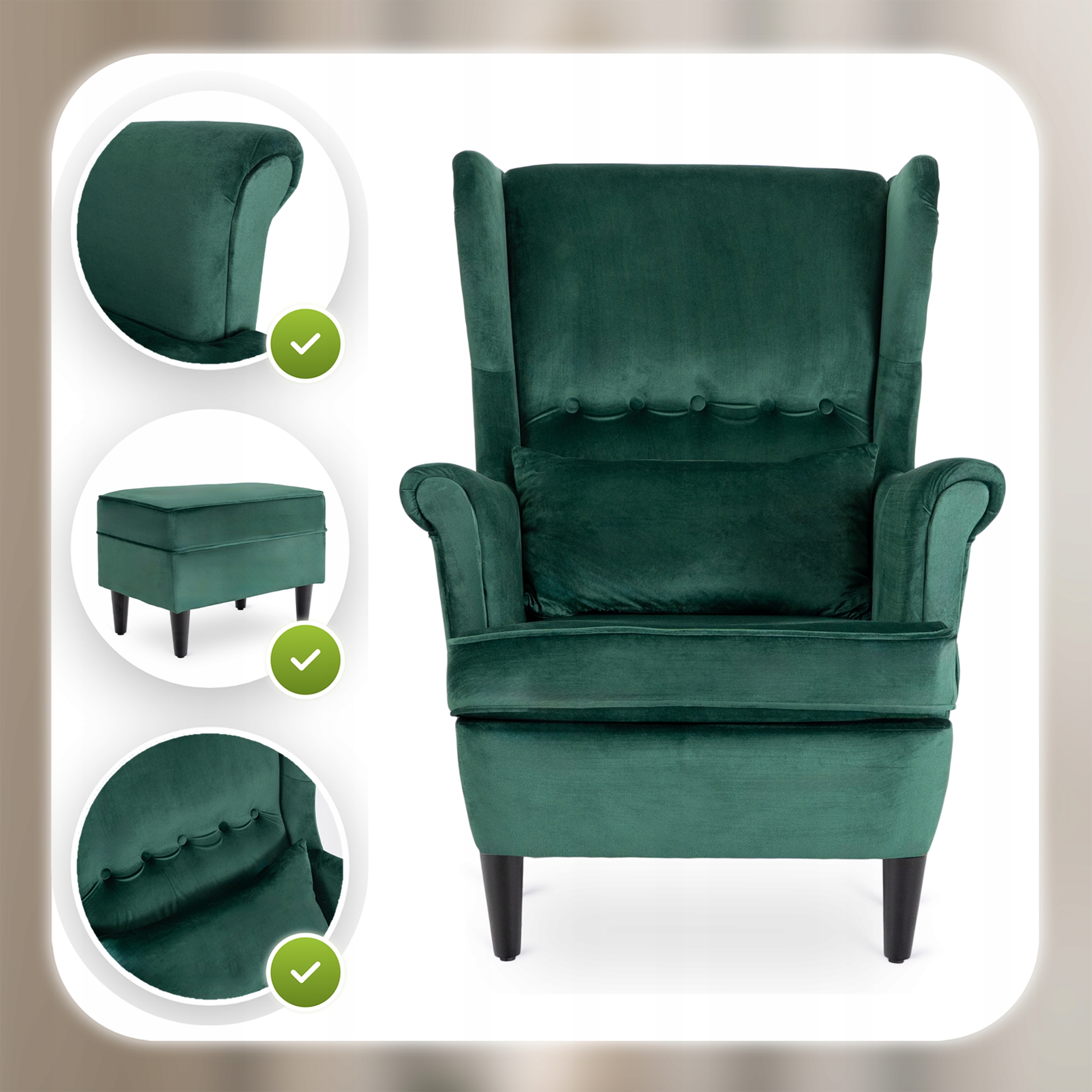 Fotel Uszak Z Podnóżkiem Wypoczynkowy Welurowy Do Salonu Zielony EVAN 2 Marka Mebel Elite