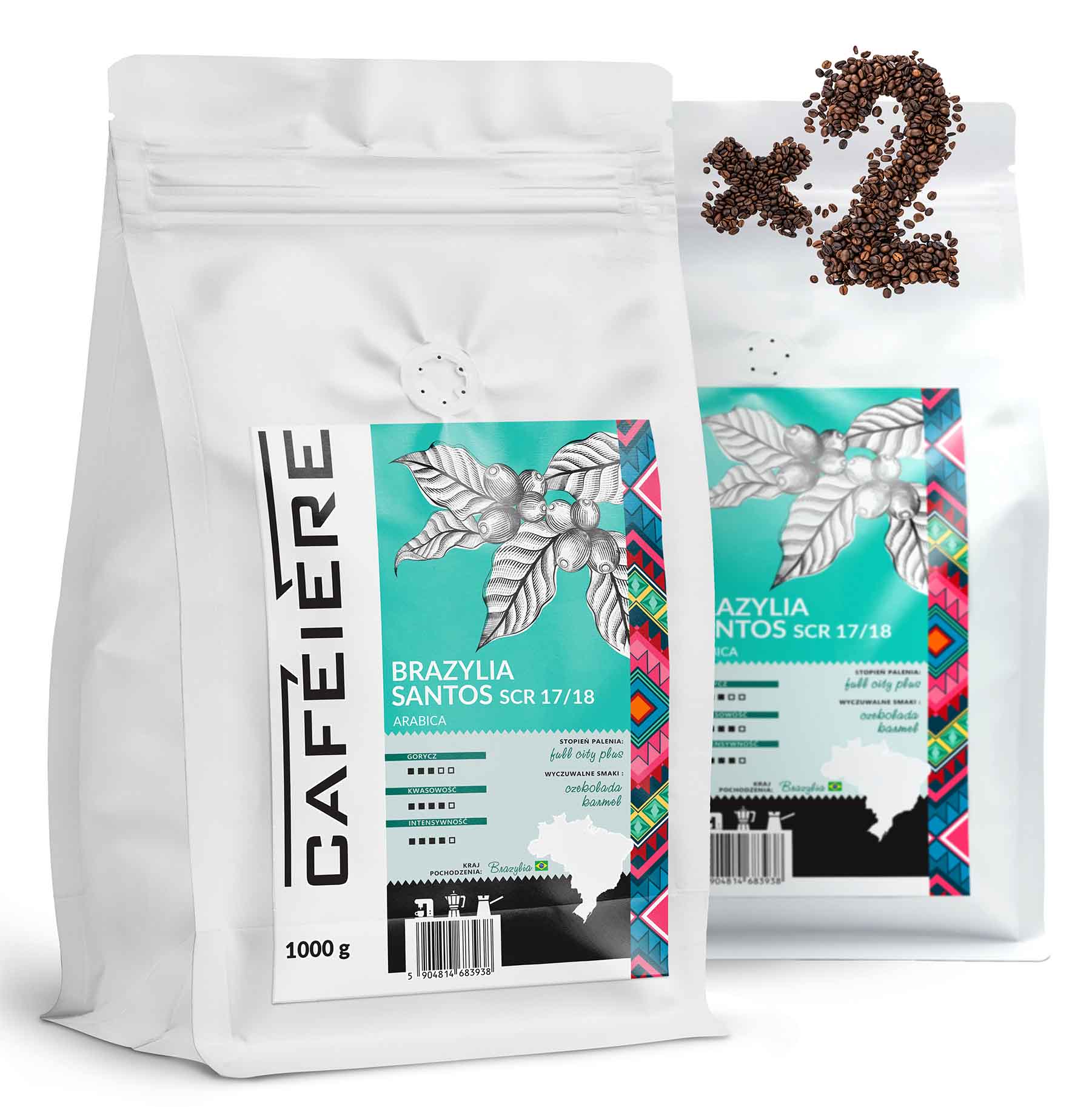 Levně Káva zrnková Brazílie Santos 1kg x2 Čerstvě pražená Arabica 100% Cafeiere