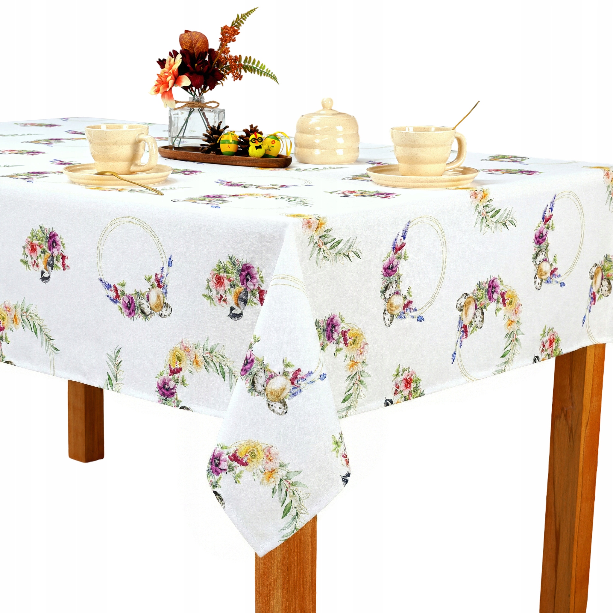 Velikonoční ubrus Šitý, odolný proti skvrnám, Vánoce Velikonoční věnce 140 x 200 cm
