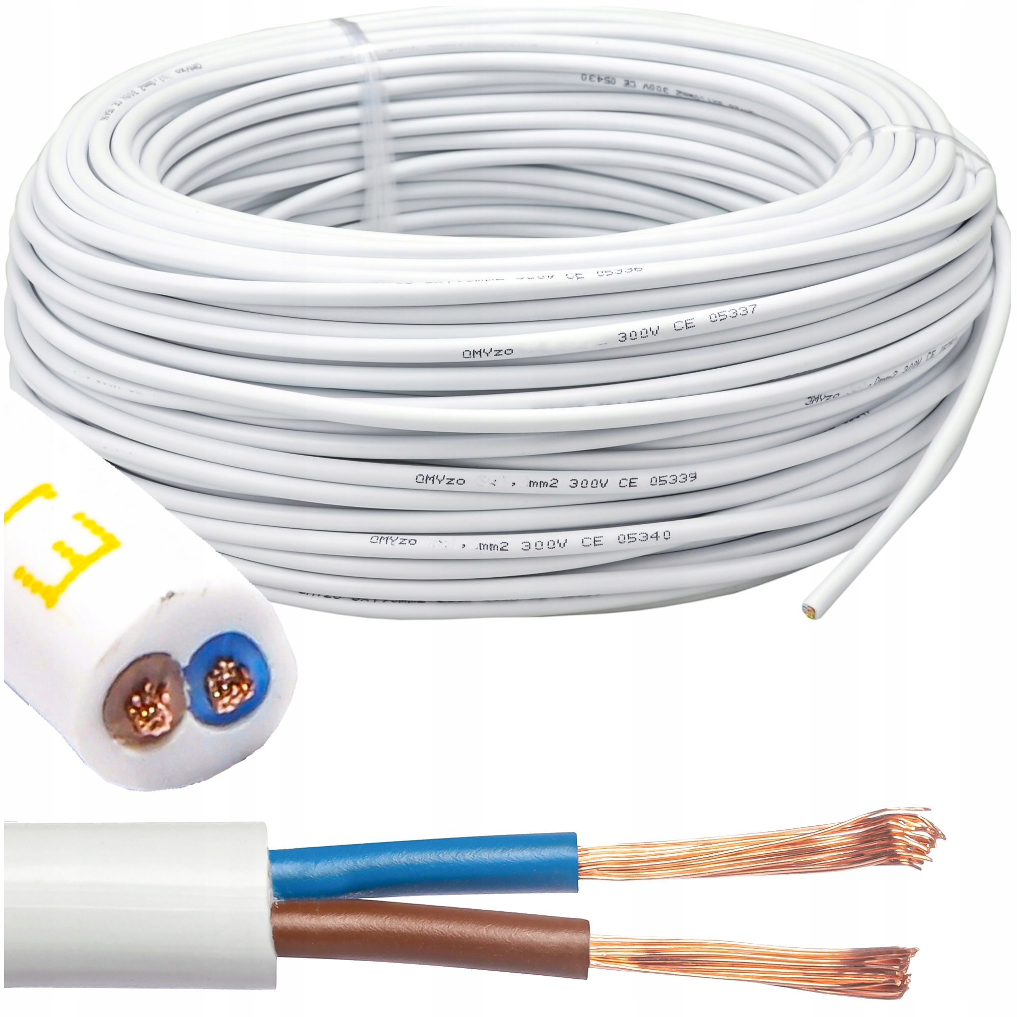 Kulatý Kabel 100 m Bílý Ohebný Lanko H03VV-F proudový kabel Omy 2 x 1 mm2