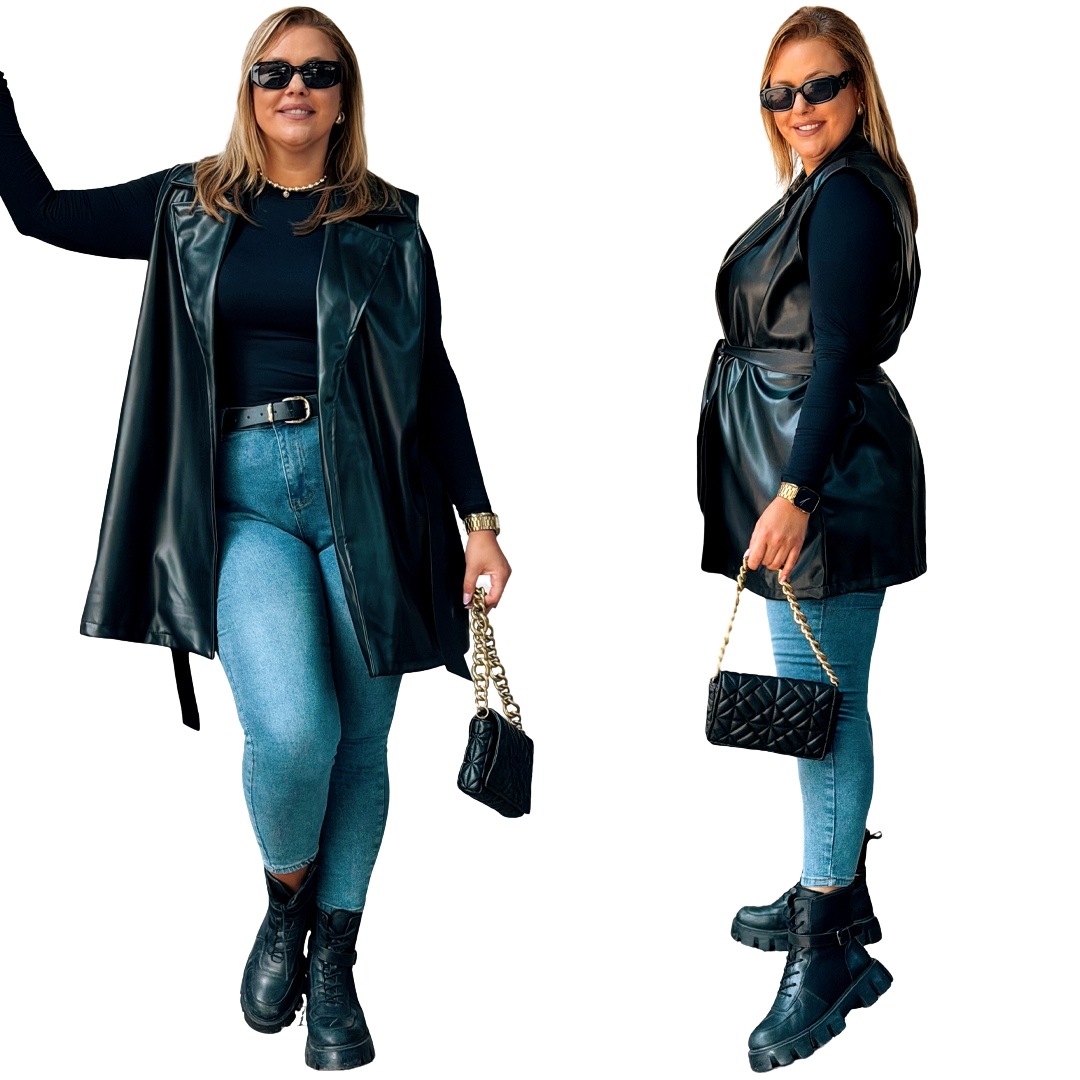 Dámská kožená vesta velká Velikost Cavaricci Plus Size s vázáním černá