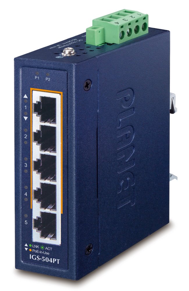 Planet IGS-504PT Průmyslový PoE switch, 5x1Gb, 4x PoE 802.3at 120W, -40až75