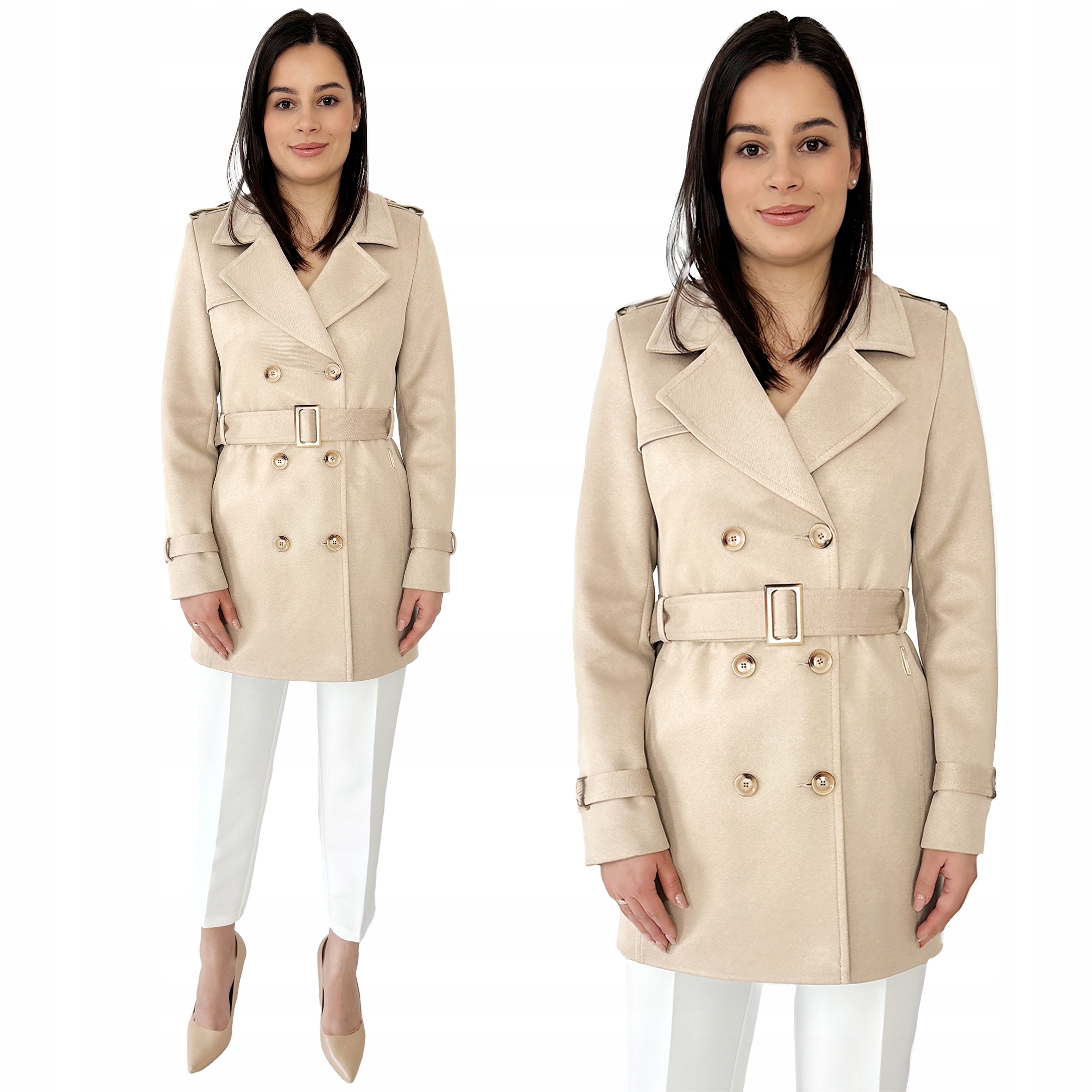 Jarní krátký kabát trenčkot dámský s páskem Světle Béžový 42-XL