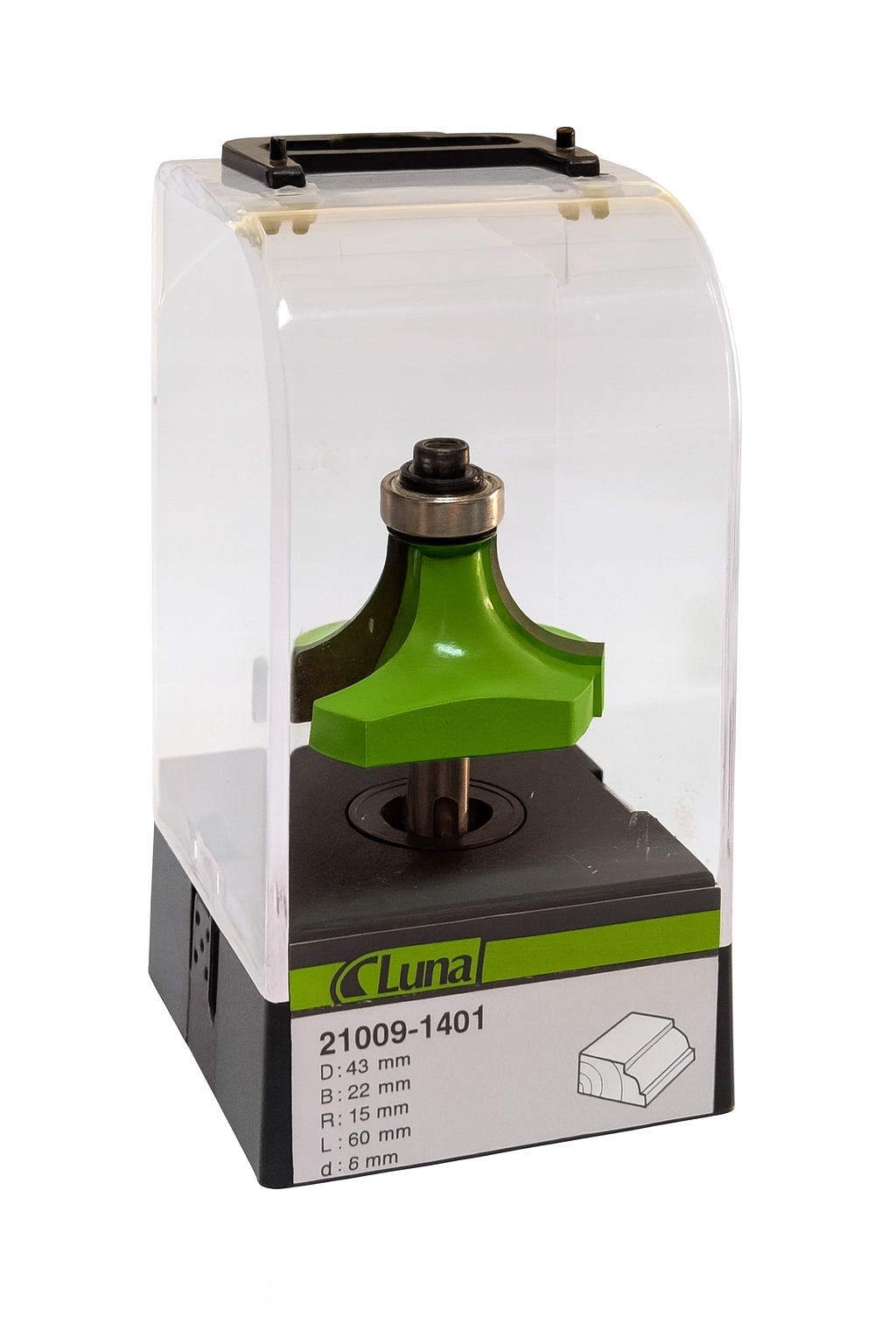 Fréza zaoblovací 43 mm H22 mm R15 mm délka 60 mm stopka 6 mm s ložiskem Luna