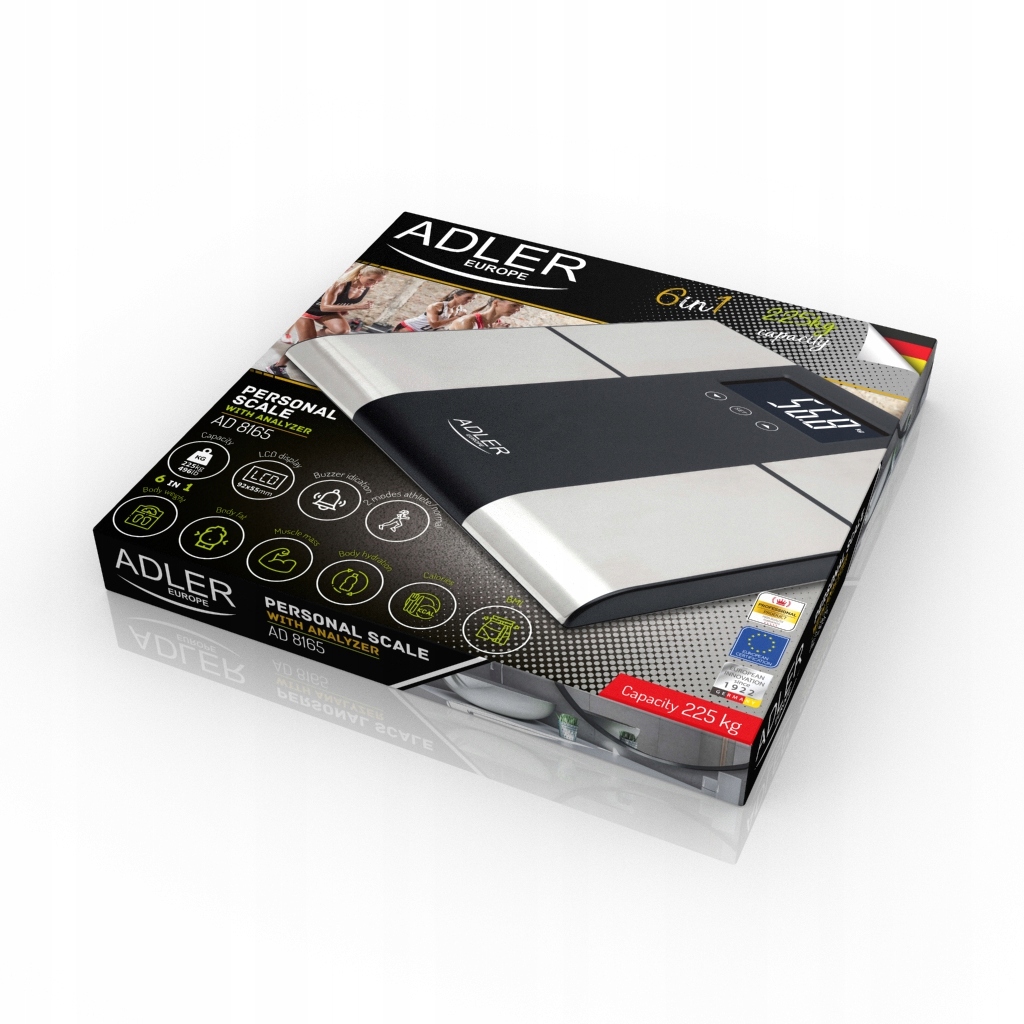 WAGA ŁAZIENKOWA ELEKTRONICZNA ANALITYCZNA Z POMIAREM TŁUSZCZU MAX 225kg Kolor dominujący czarny