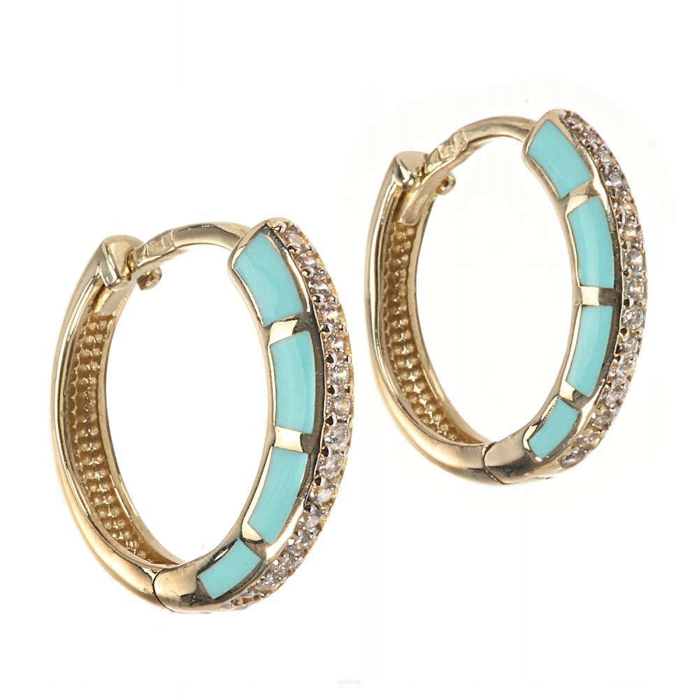 Zlaté náušnice se zirkony a tyrkysovým smaltem