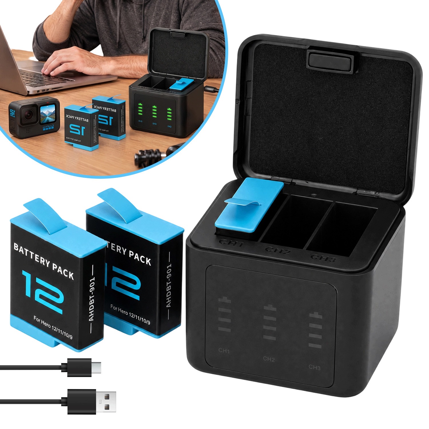 Akumulátor 1800 mAh pro kameru Hero 12 11 10 9 Nabíječka Usb-c Černá