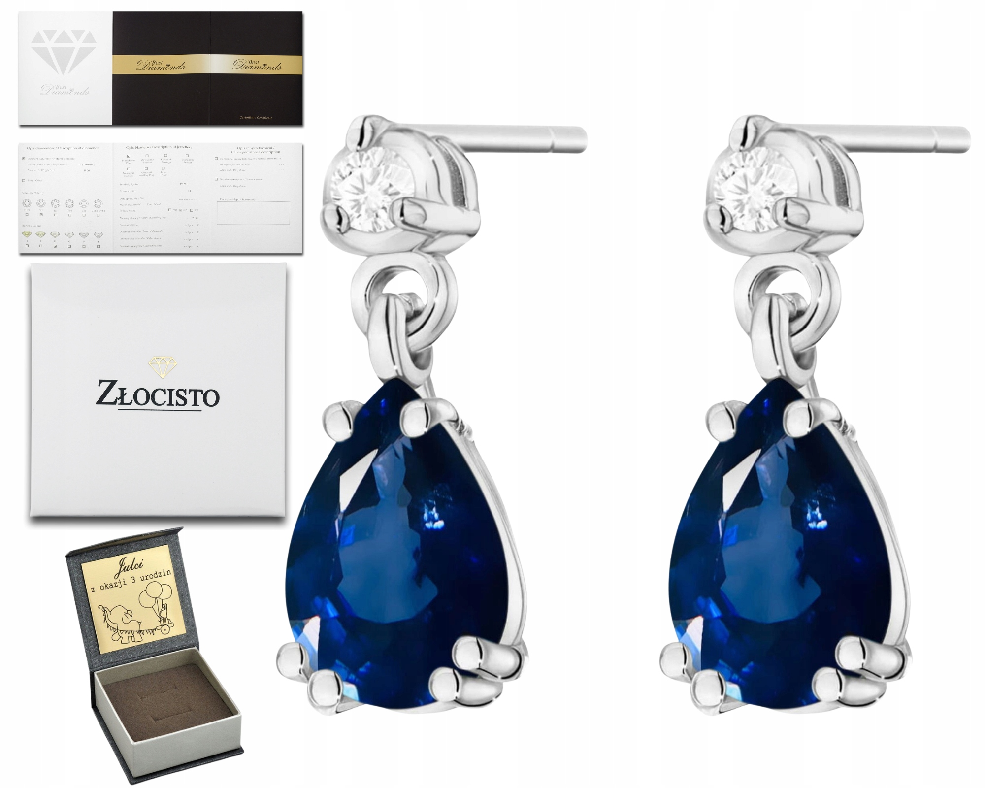 Náušnice z bílého zlata se safíry a diamanty 585, dárkový Dárek