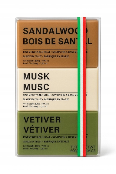 Sada italských rostlinných mýdel 3×200 g (sandalwood Musk Vetiver)