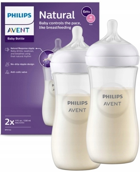 PHILIPS AVENT ZESTAW BUTELEK NATURAL RESPONSE 2x330ml SCY906/02+SMOCZKI 6m+