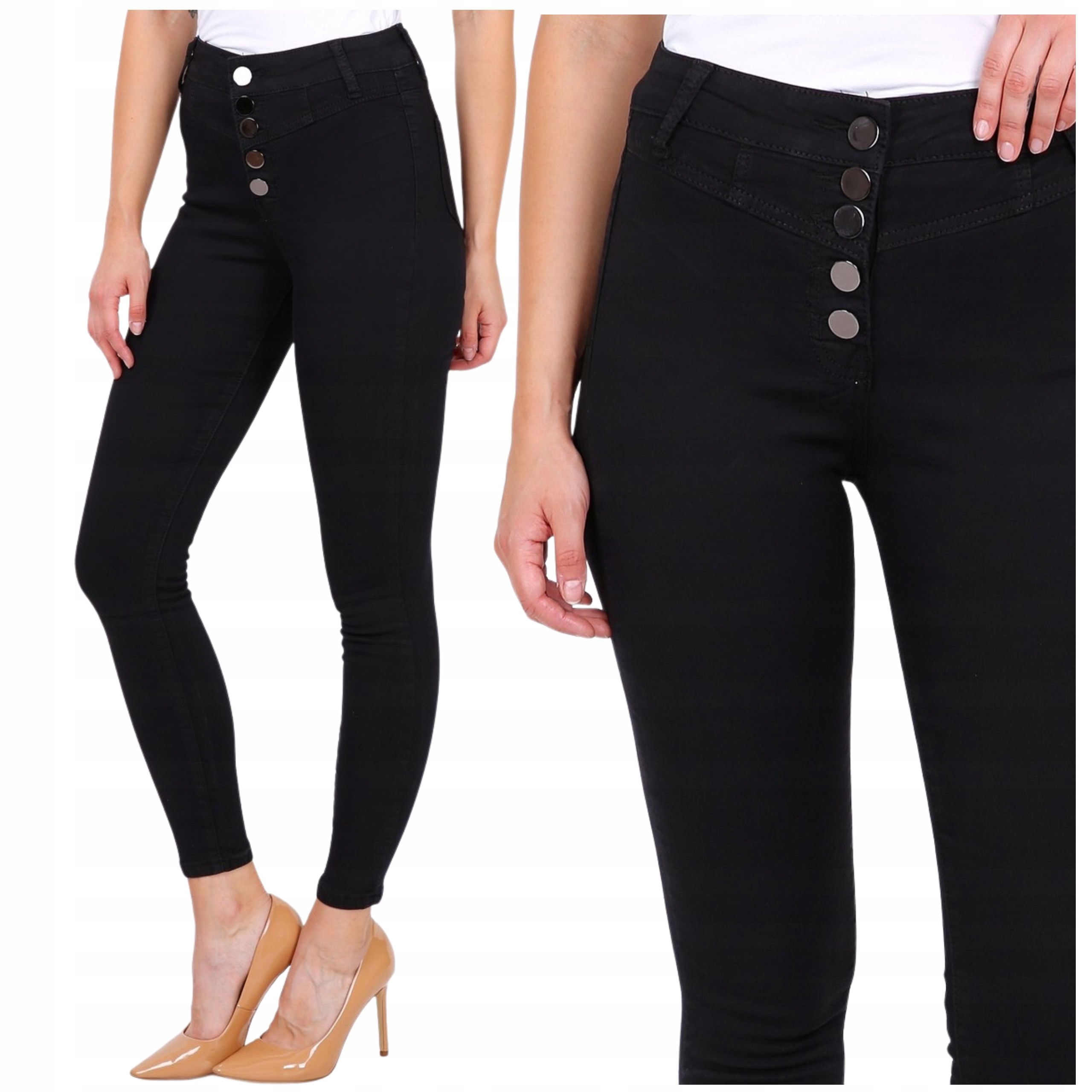 Spodnie Damskie Jeansy Czarne Rurki Elastyczne wysokim stanem Wysokie 40 L