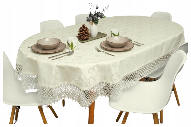 Obrus gładki Owalny ecru Kremowy z gipiurą 150x260
