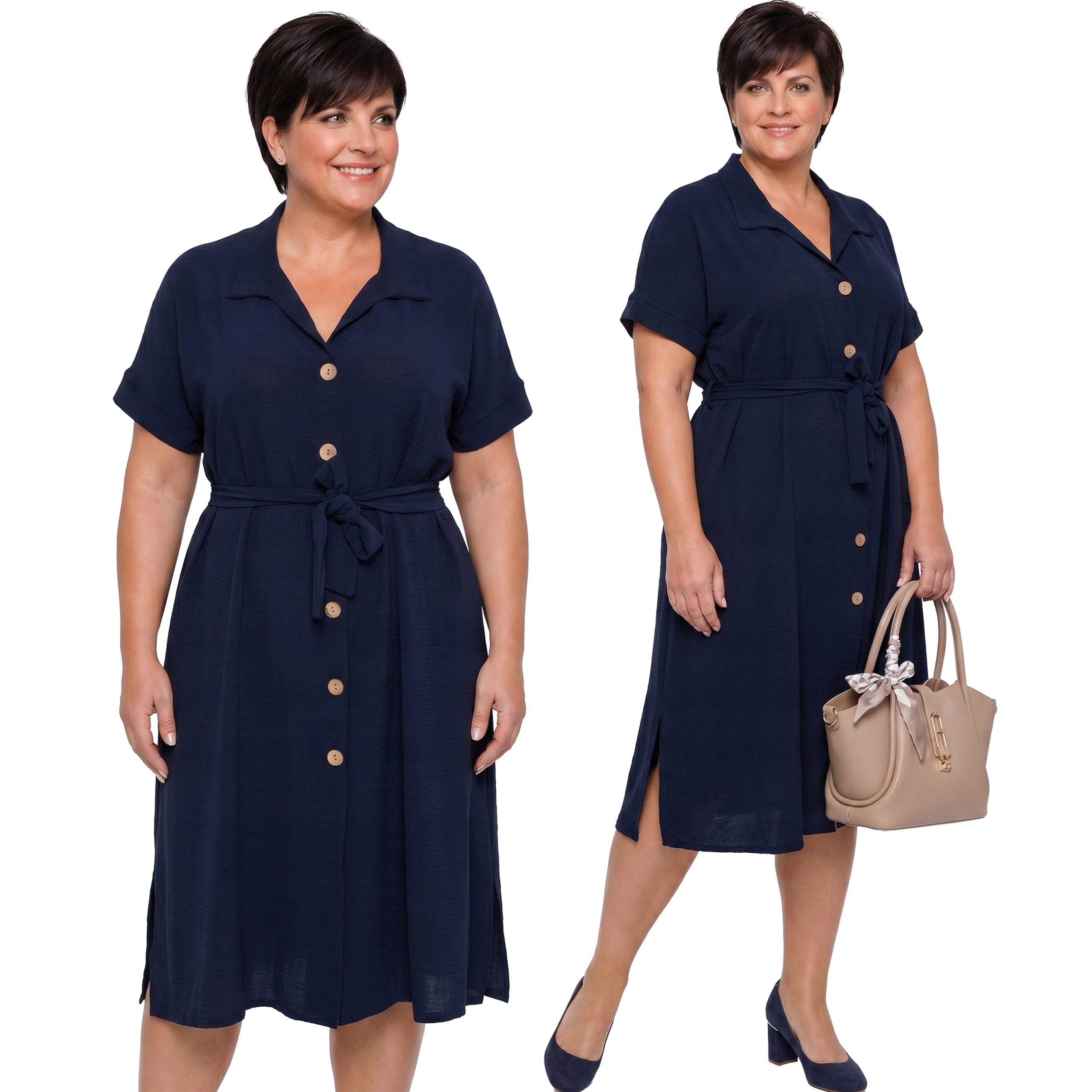 Tmavě modrá šaty s knoflíky a páskem plus size velikost 64
