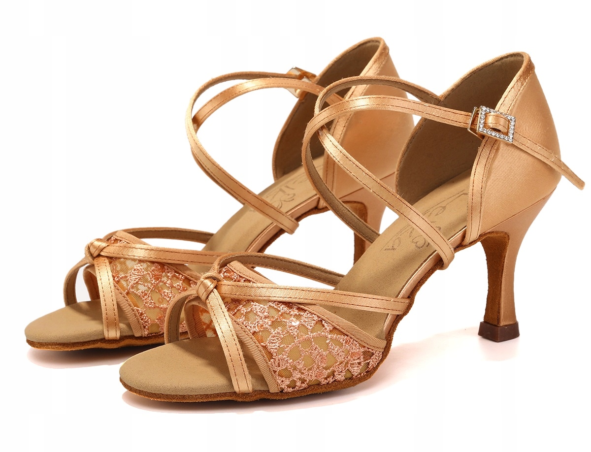 Buty Do Tańca Taneczne Damskie Satynowe Z Koronką I Szybkim Zapięciem 7,5cm
