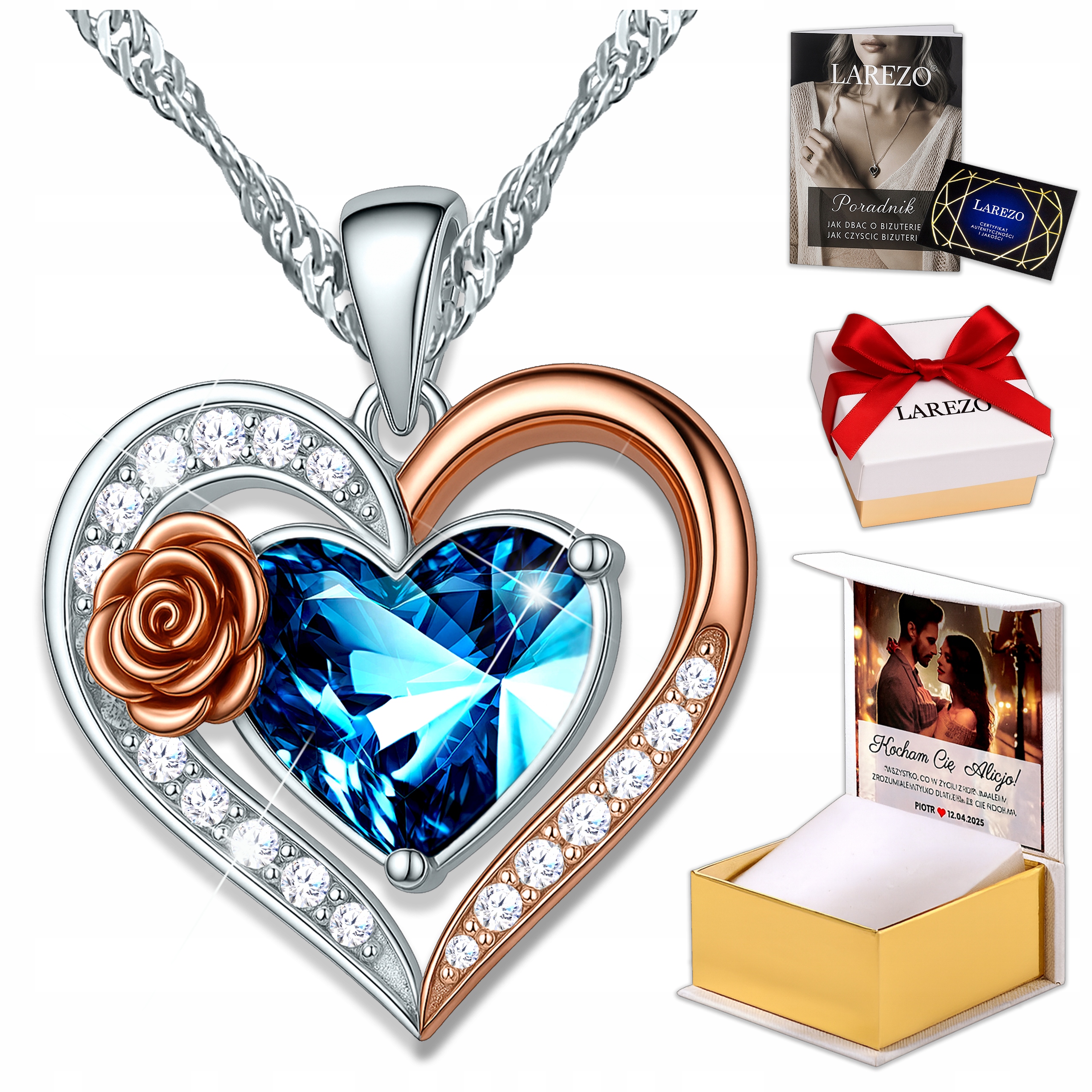 Stříbrný náhrdelník 925 Modré srdce s růží Křišťál Květina Láska Potisk