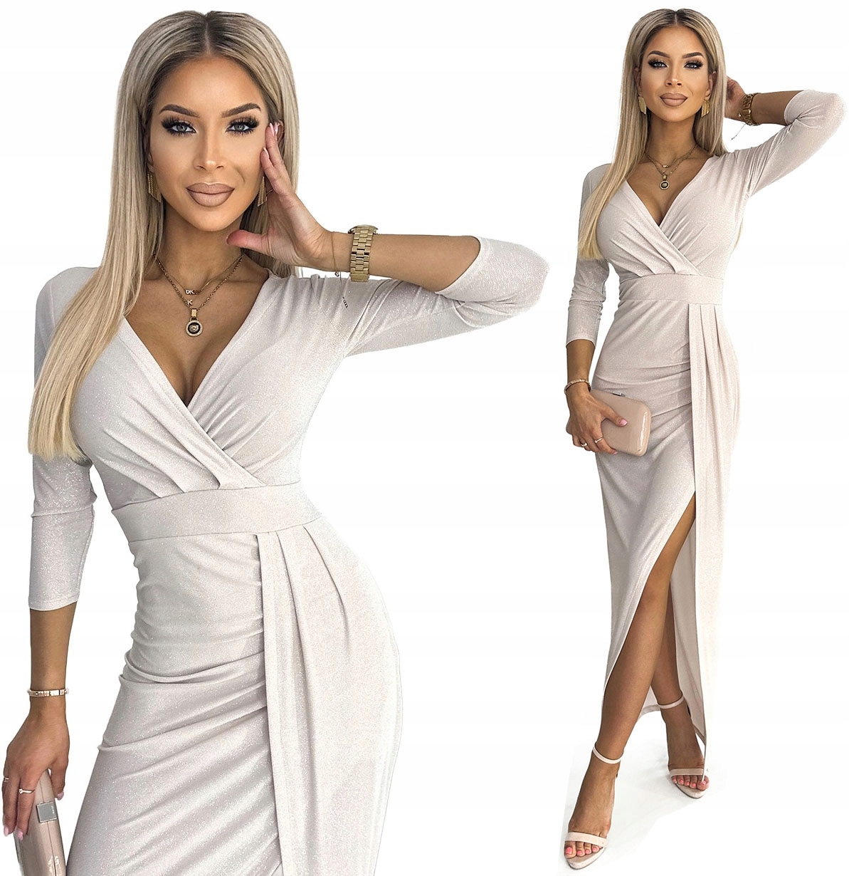 Oslnivé Dlouhé Šaty Přiléhavé Šaty Brokat Béžová S