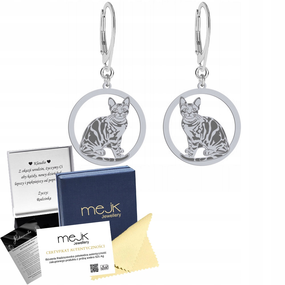 Stříbrné Náušnice s Bengálskou kočkou 925 Dárek Šperky Žena Gravírování Bonus