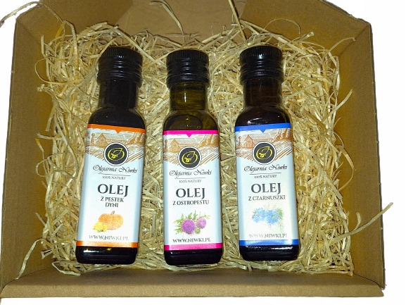 Zestaw prezentowy trzy oleje tłoczone na zimno 100ml w pudełku Niwki